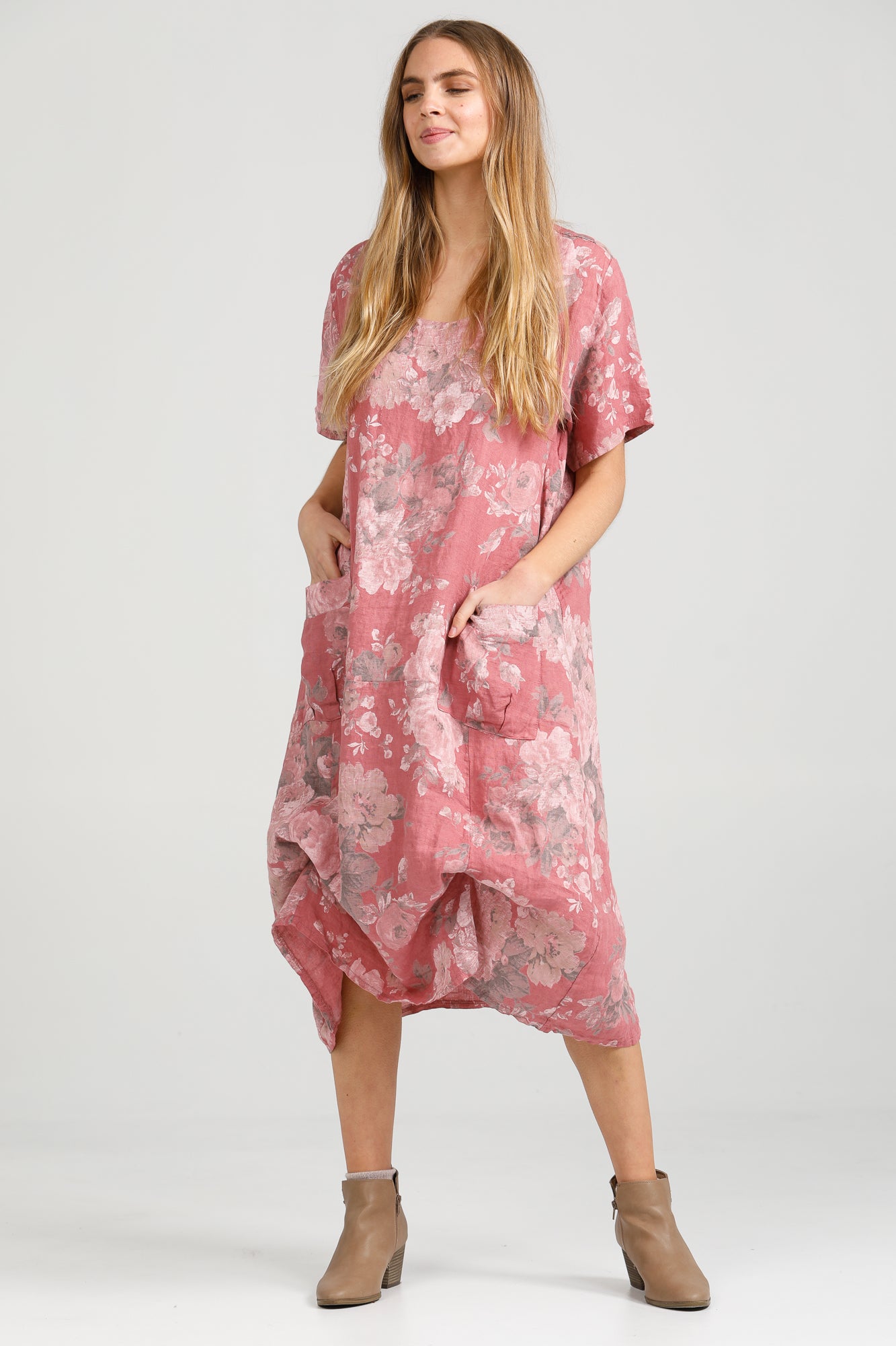 Primavera linen floral dress. Rose Pink Floral.