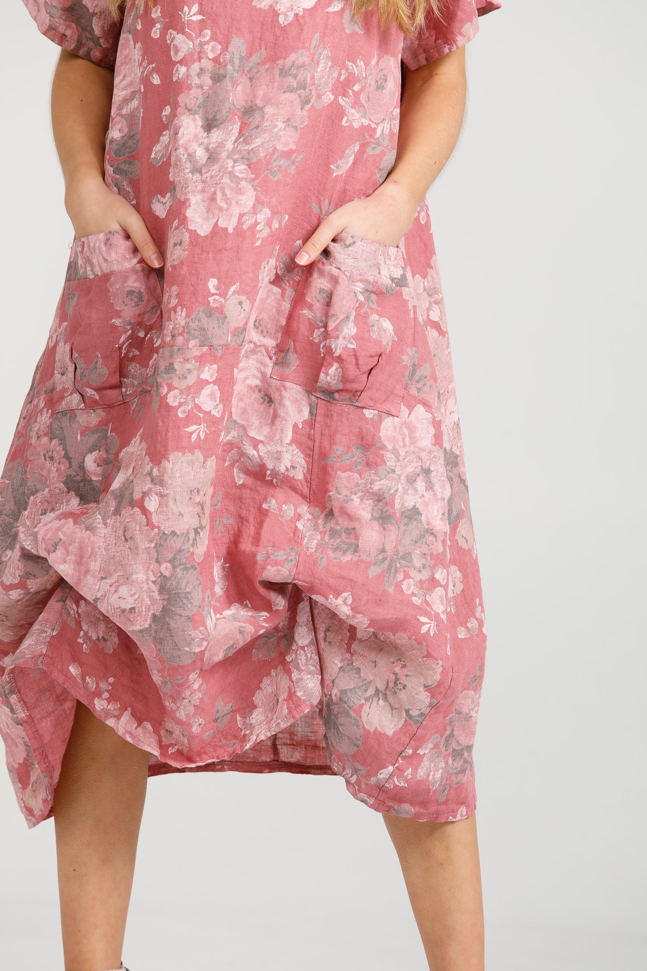 Primavera linen floral dress. Rose Pink Floral.