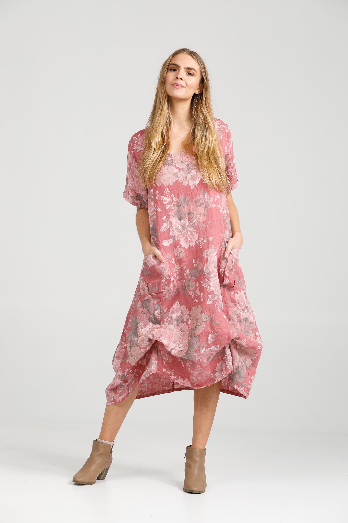 Primavera linen floral dress. Rose Pink Floral.