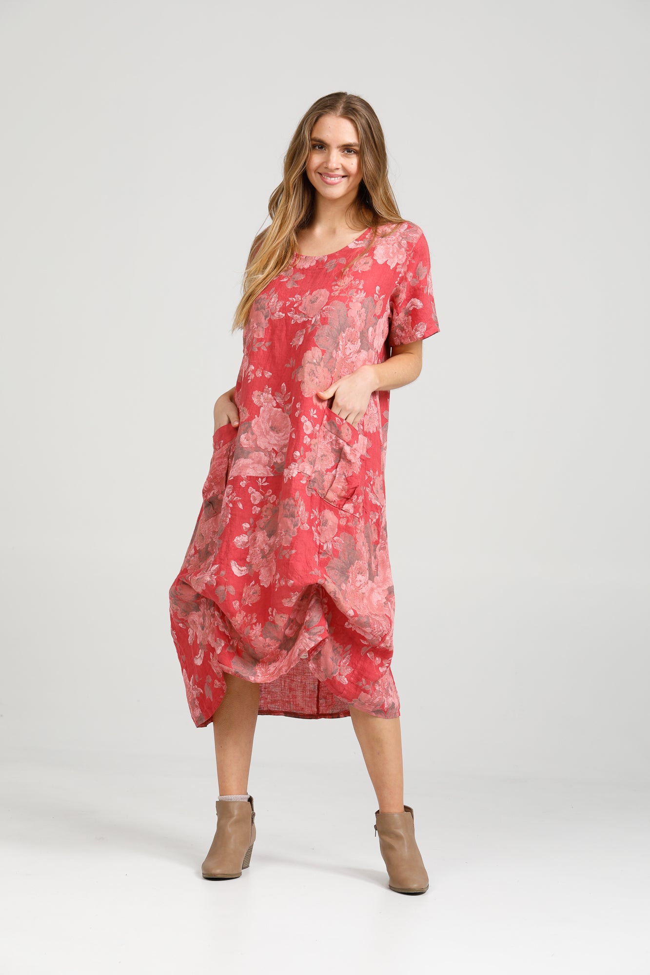 Primavera linen floral dress. Watermelon Floral