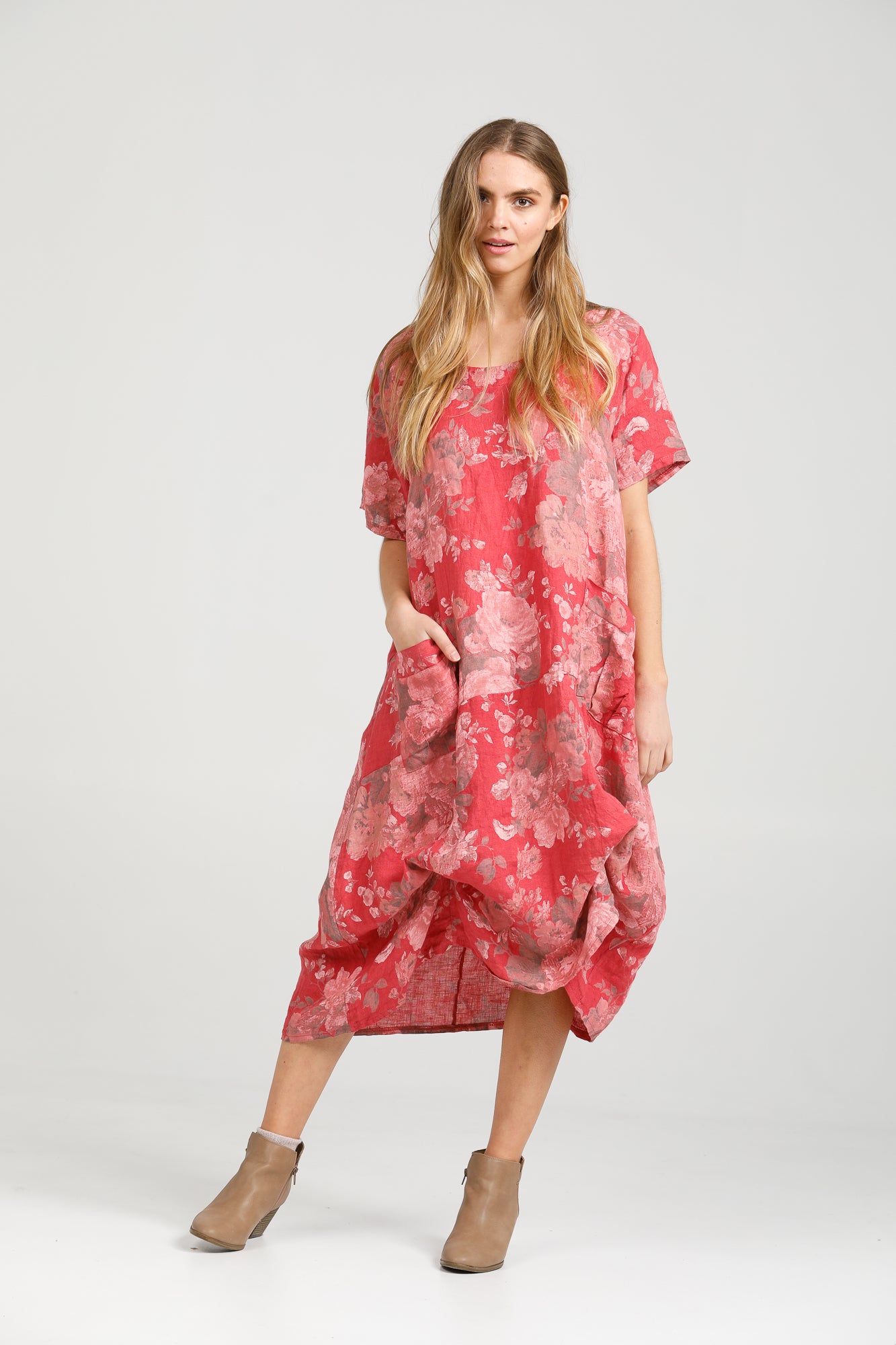Primavera linen floral dress. Watermelon Floral