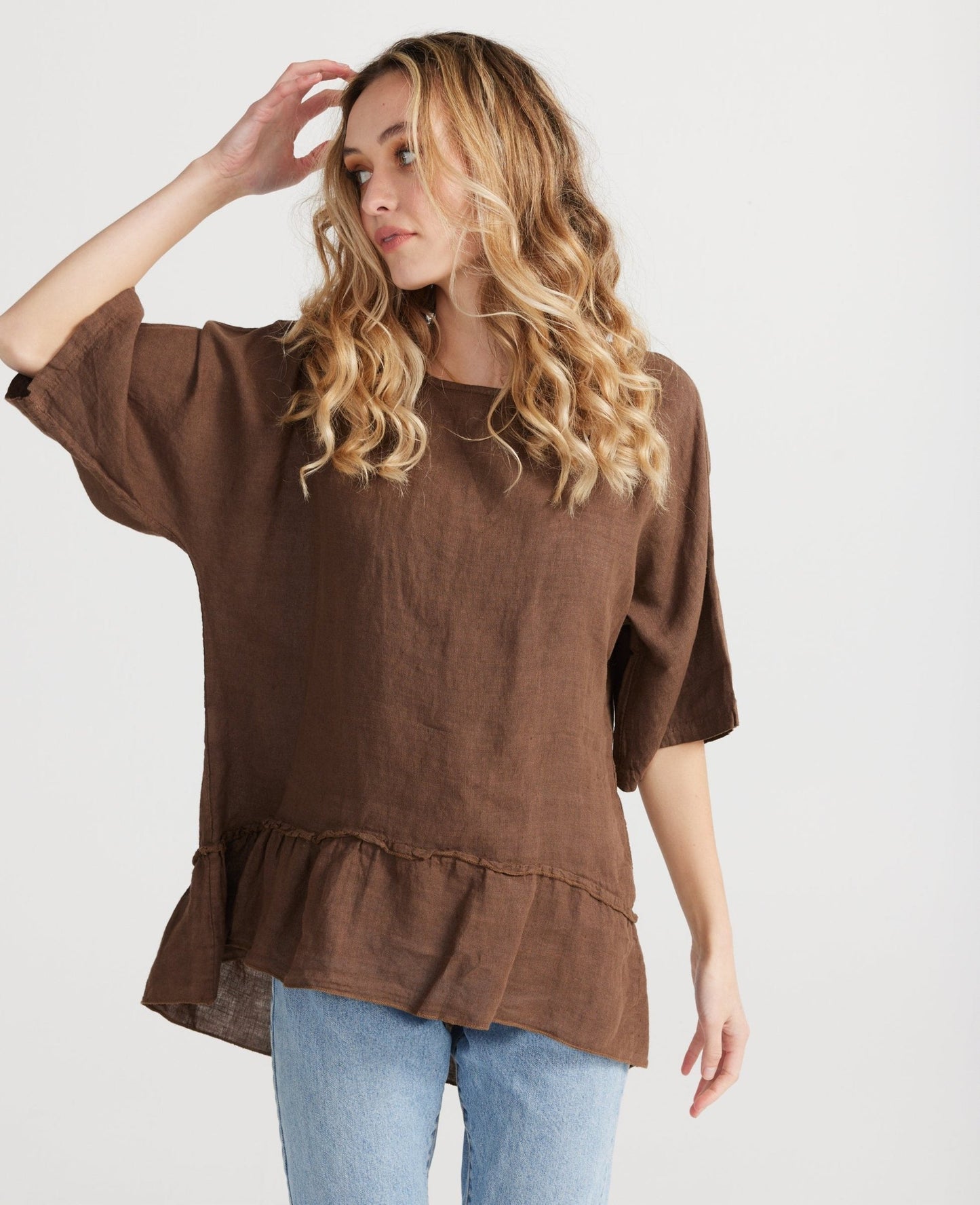 Priscilla linen top. Tobacco