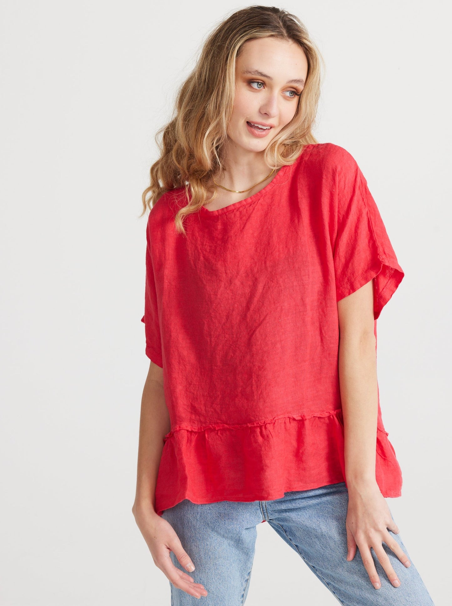 Priscilla linen top. Christmas red
