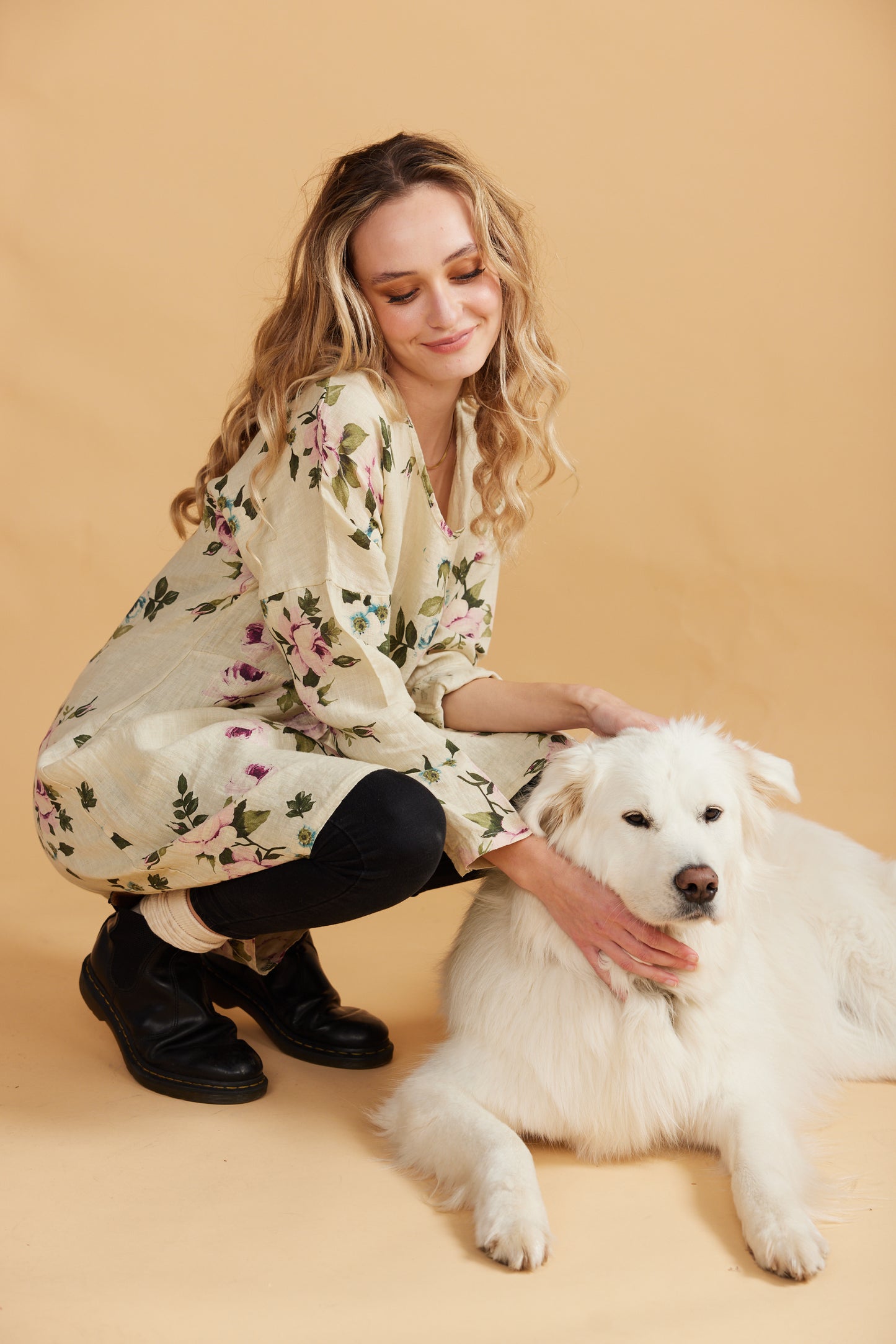 Amelia Floral Linen dress. Antique Cream
