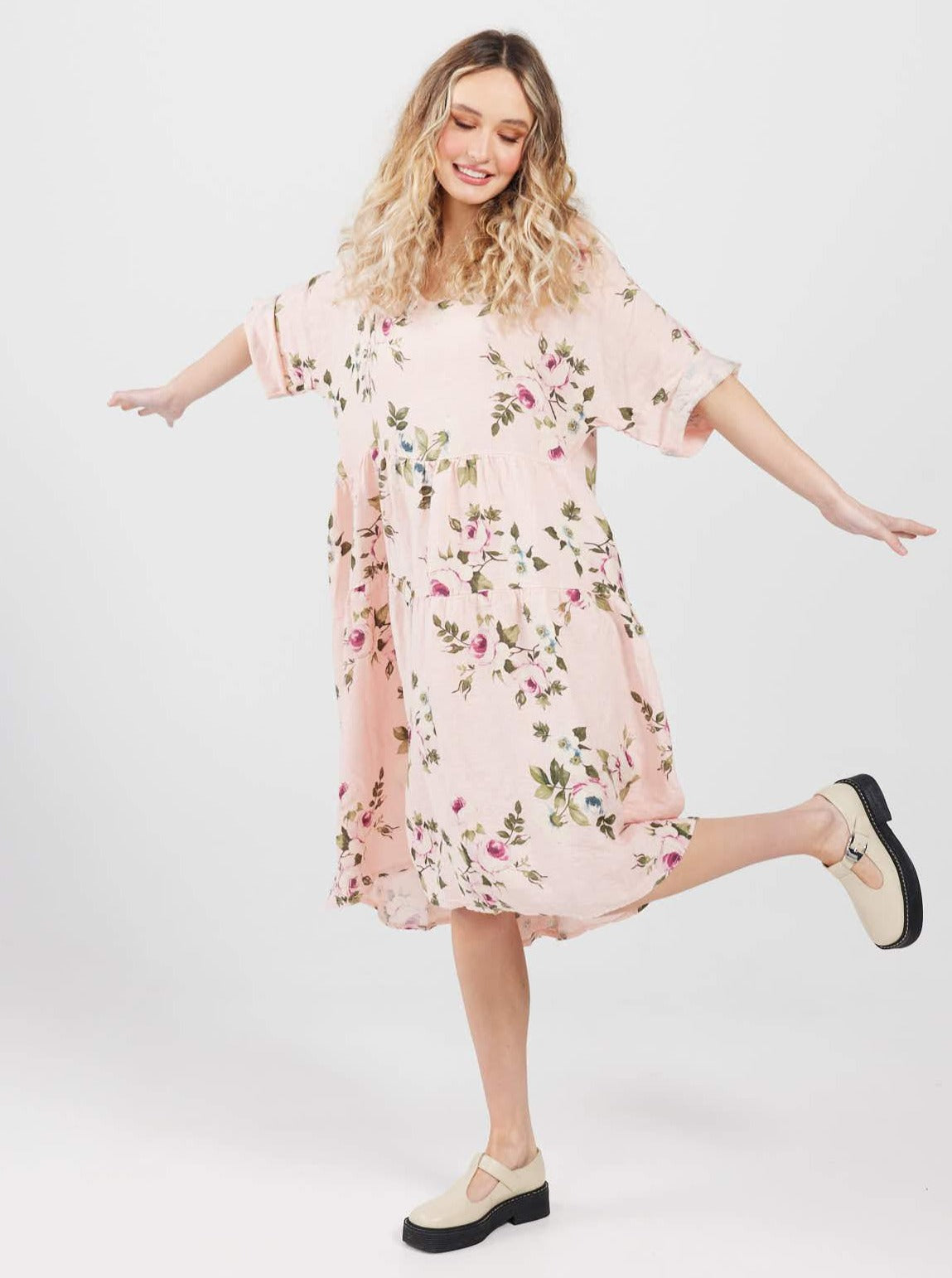 Stella linen floral dress. Blush Rose