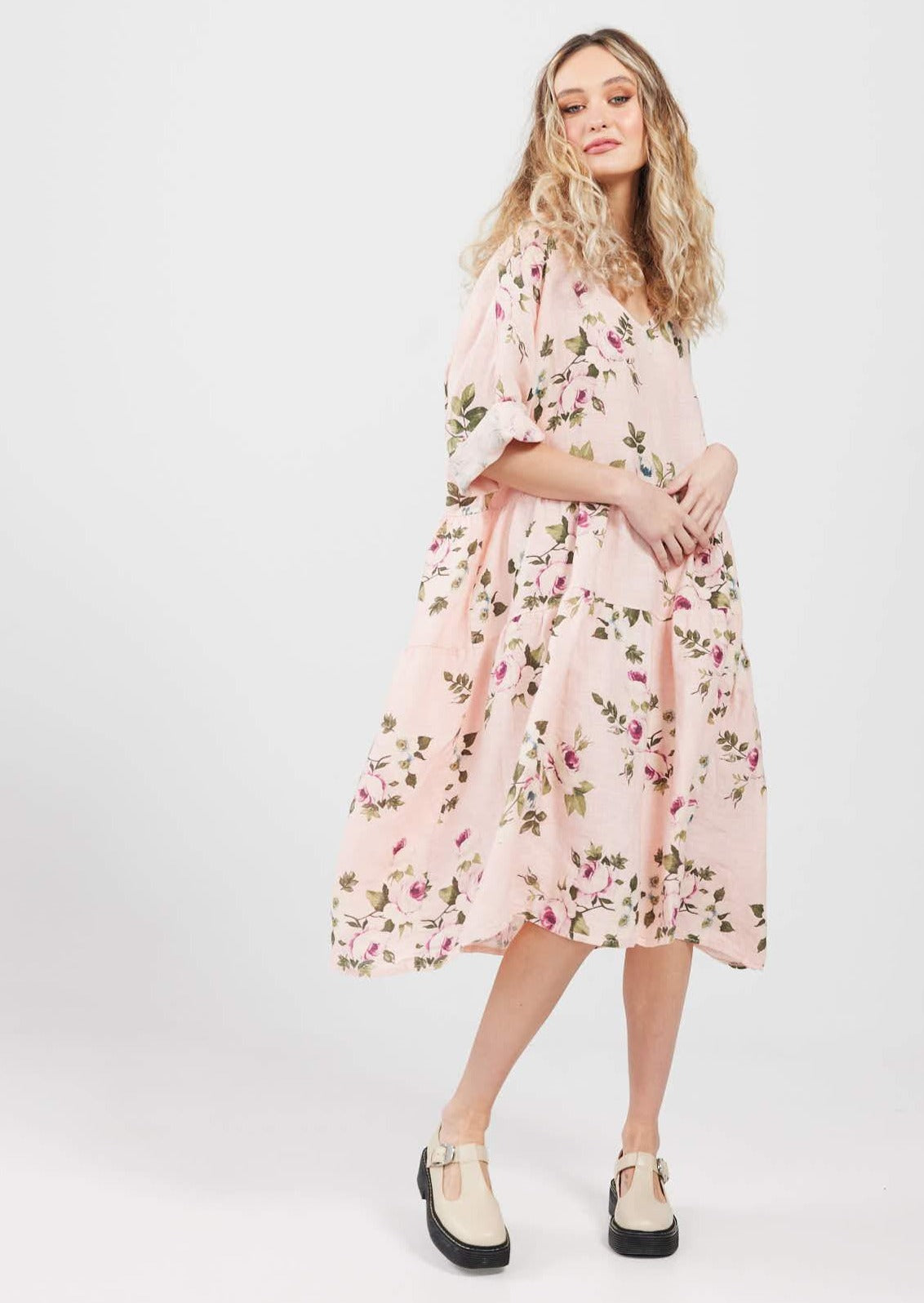 Stella linen floral dress. Blush Rose