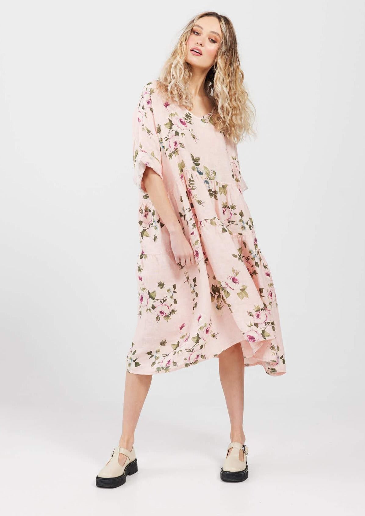 Stella linen floral dress. Blush Rose