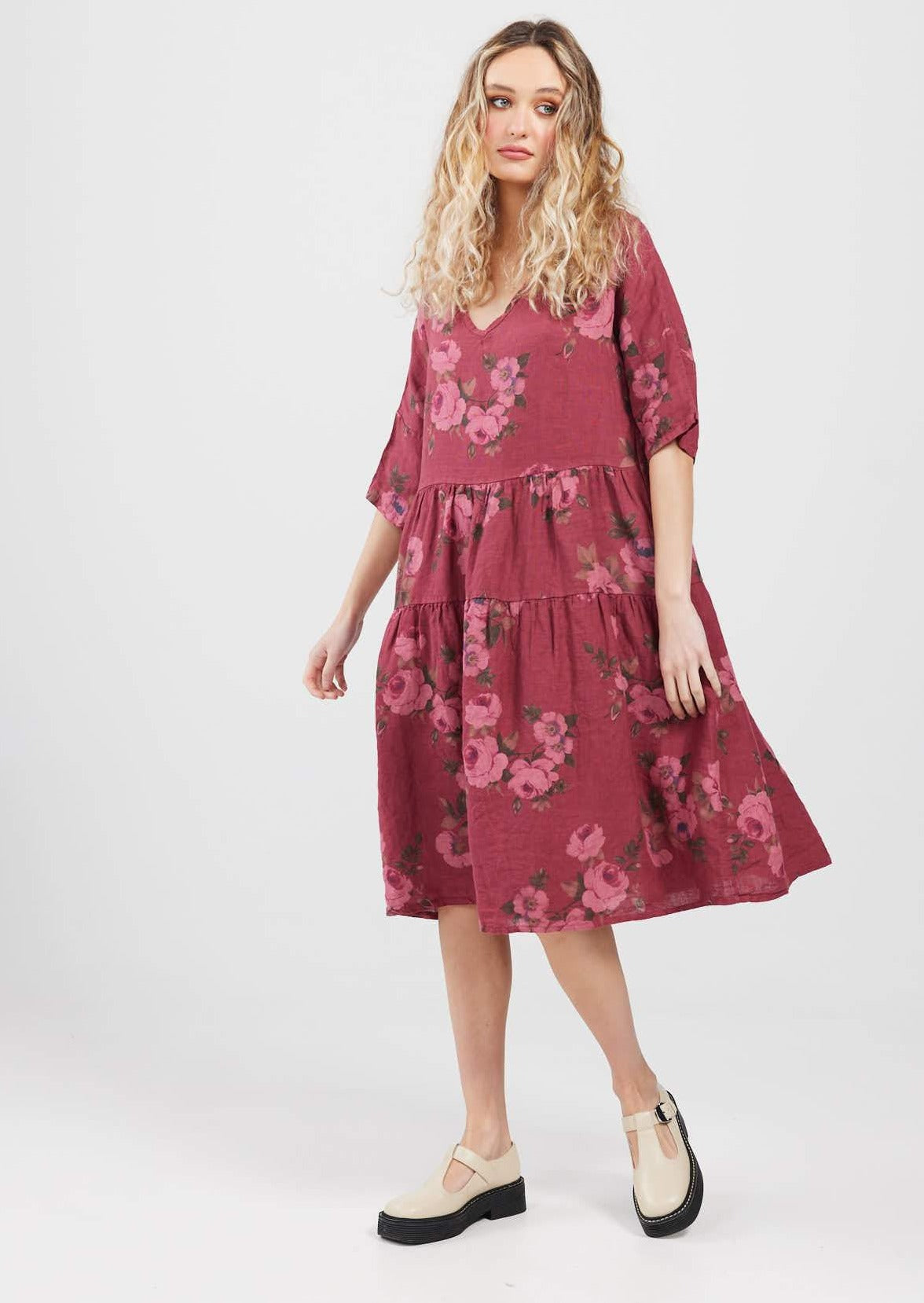Stella Linen Floral dress. Bordeaux