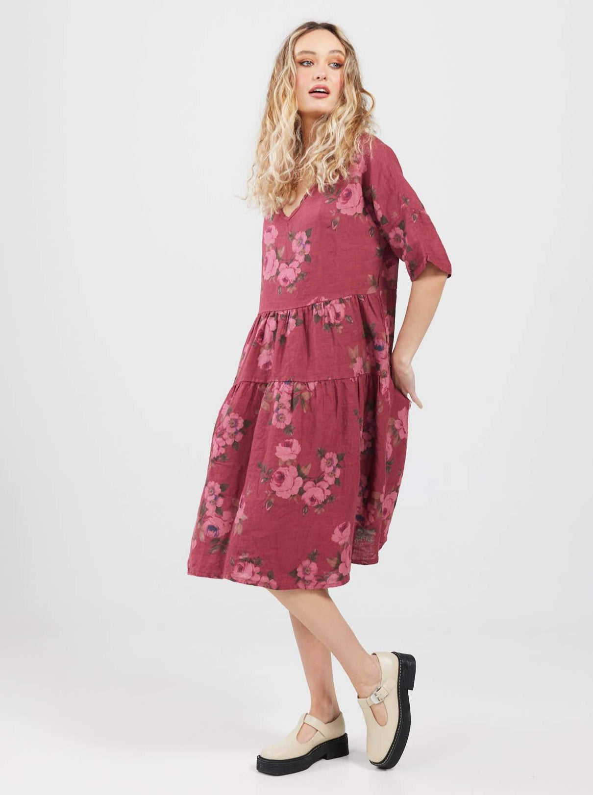 Stella Linen Floral dress. Bordeaux