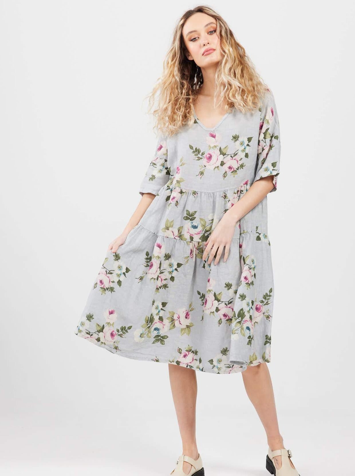Stella Linen Floral Dress. Dove Grey