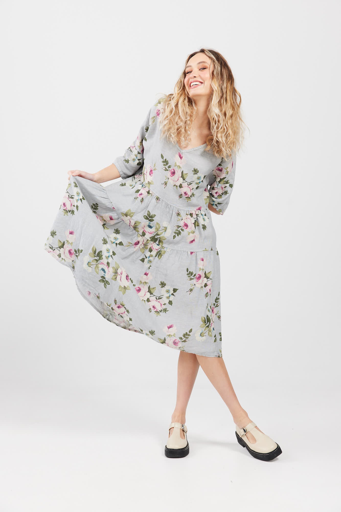 Stella Linen Floral Dress. Dove Grey