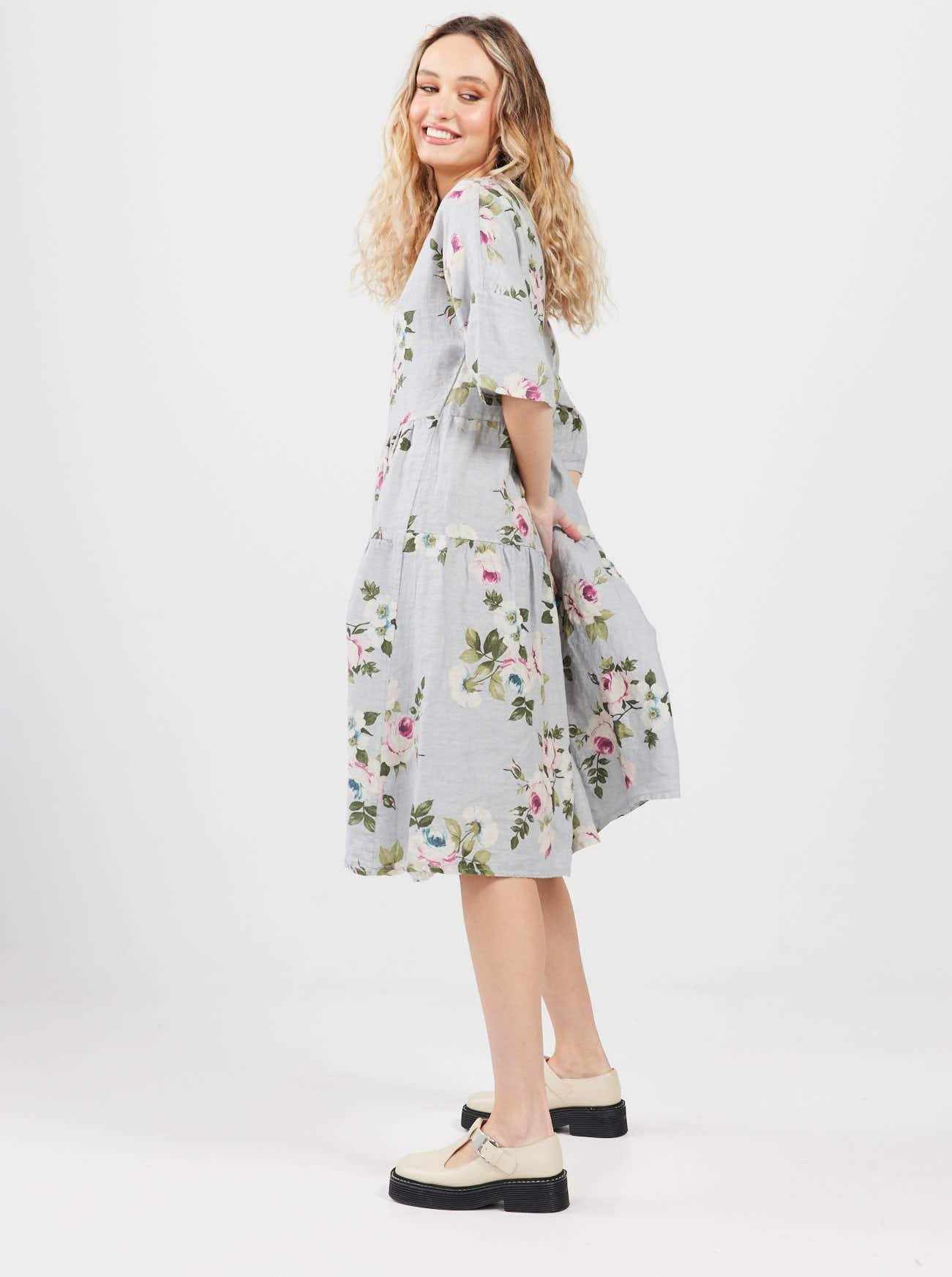 Stella Linen Floral Dress. Dove Grey