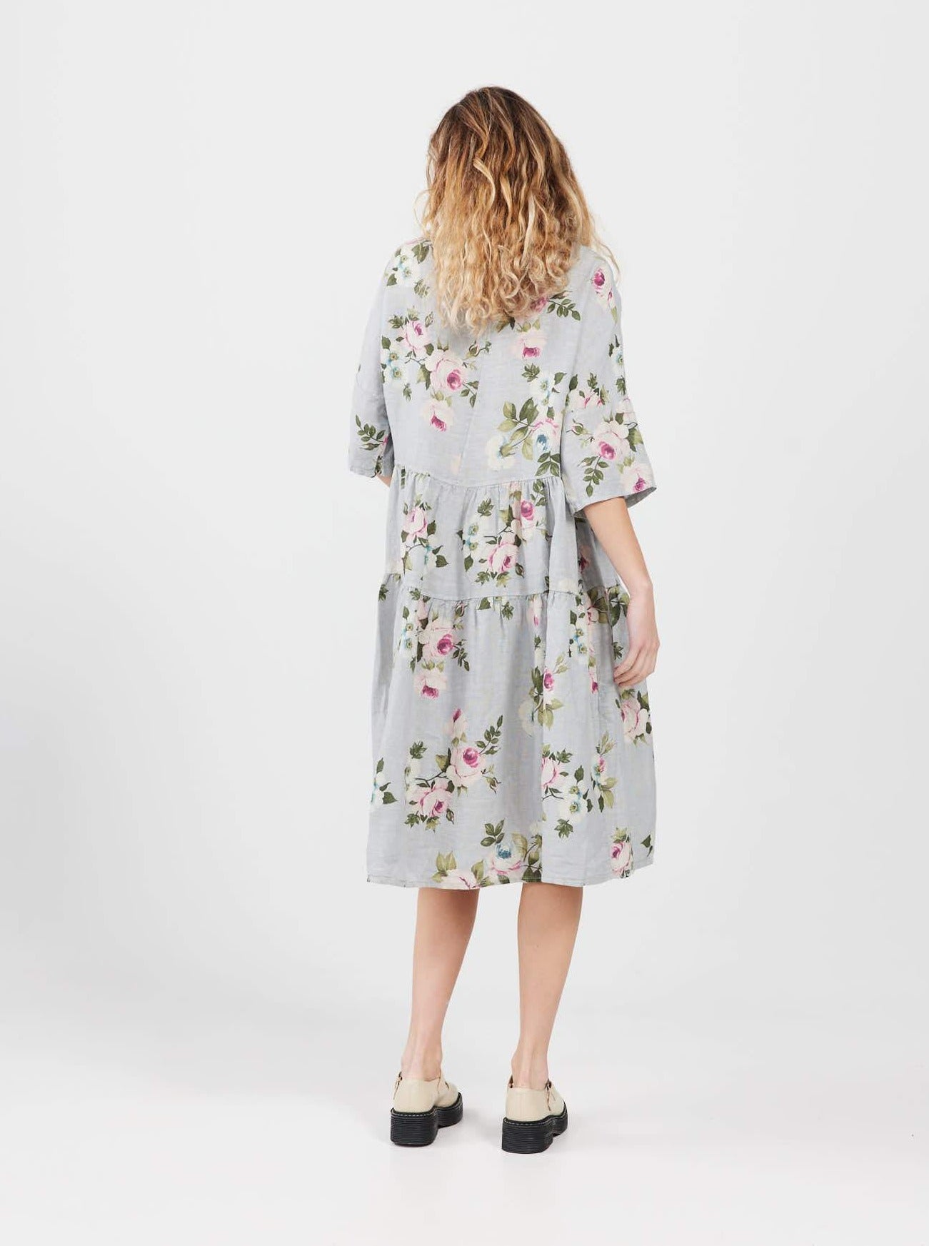Stella Linen Floral Dress. Dove Grey