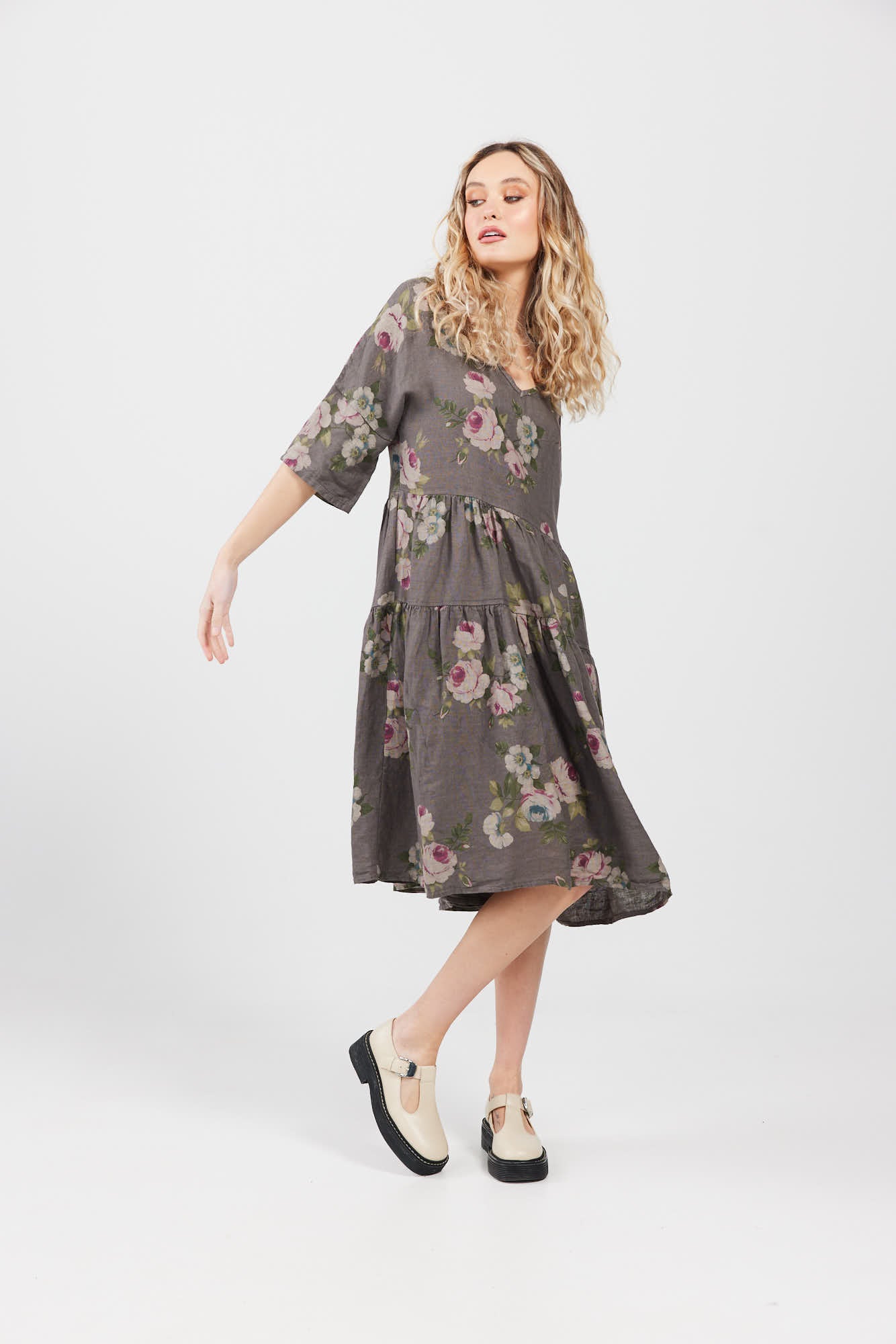 Stella Linen Floral Dress. Charcoal