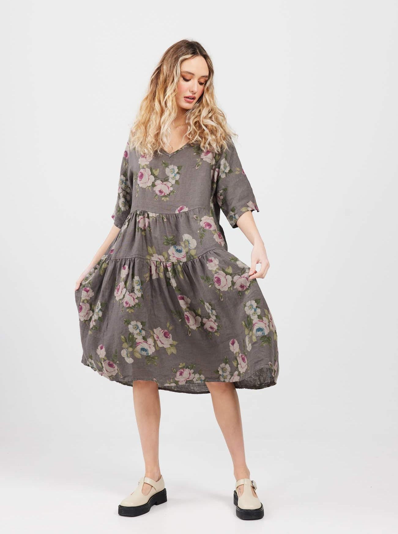 Stella Linen Floral Dress. Charcoal