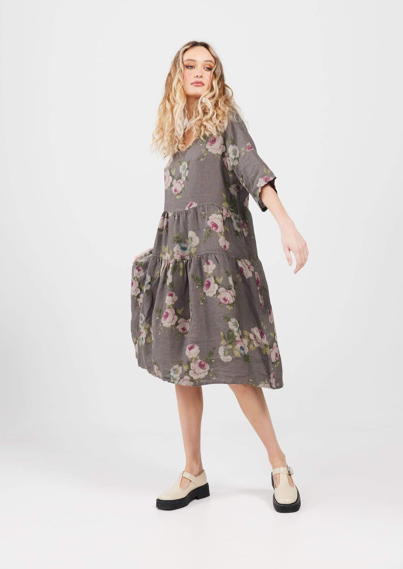 Stella Linen Floral Dress. Charcoal