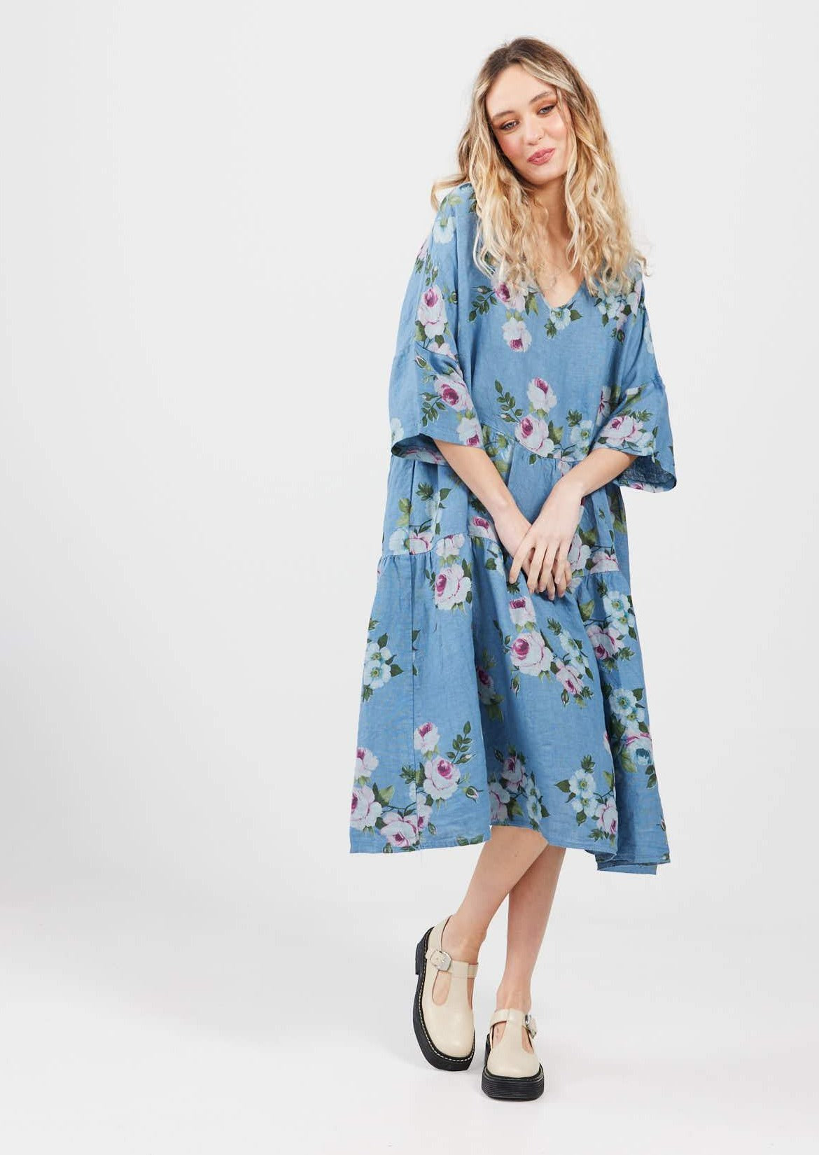Stella Linen Floral Dress . Denim Blue