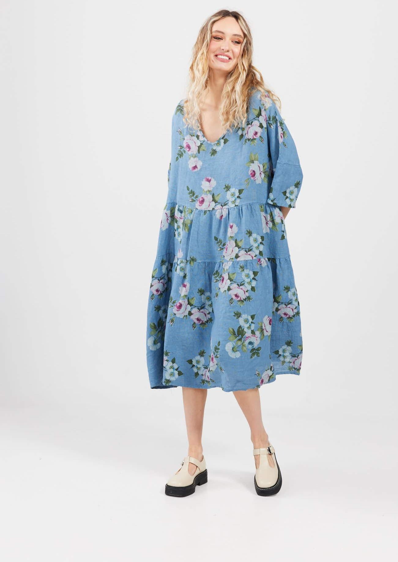 Stella Linen Floral Dress . Denim Blue