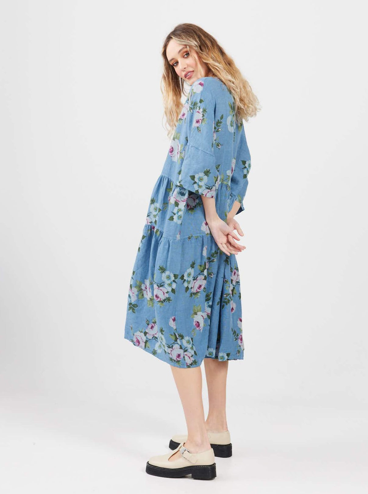 Stella Linen Floral Dress . Denim Blue