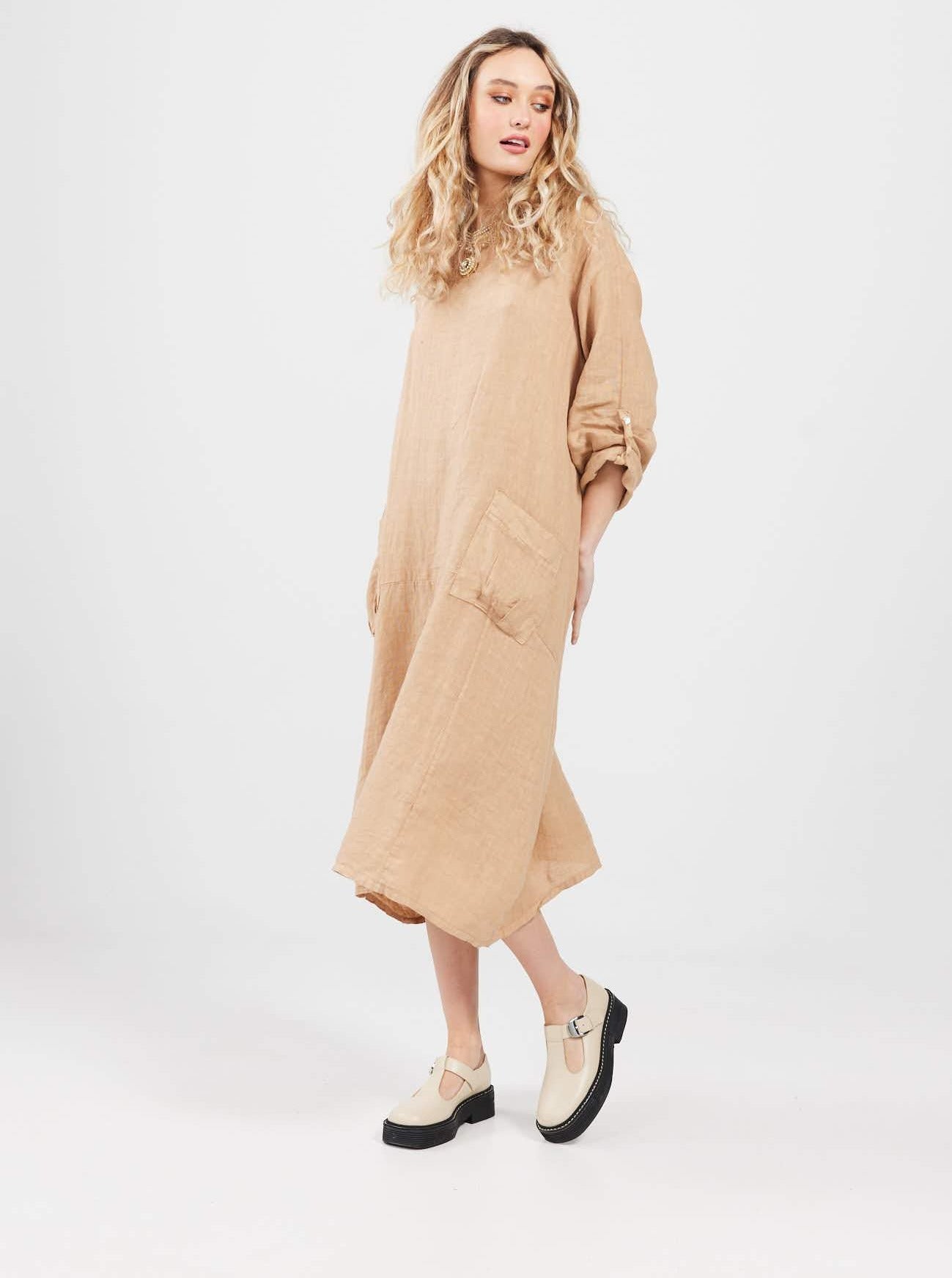 primavera linen Dress. Cafe Latte. Long-Sleeved