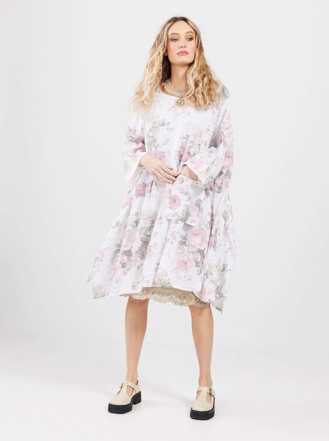 Clarissa Linen dress. Icing Sugar Pink rose