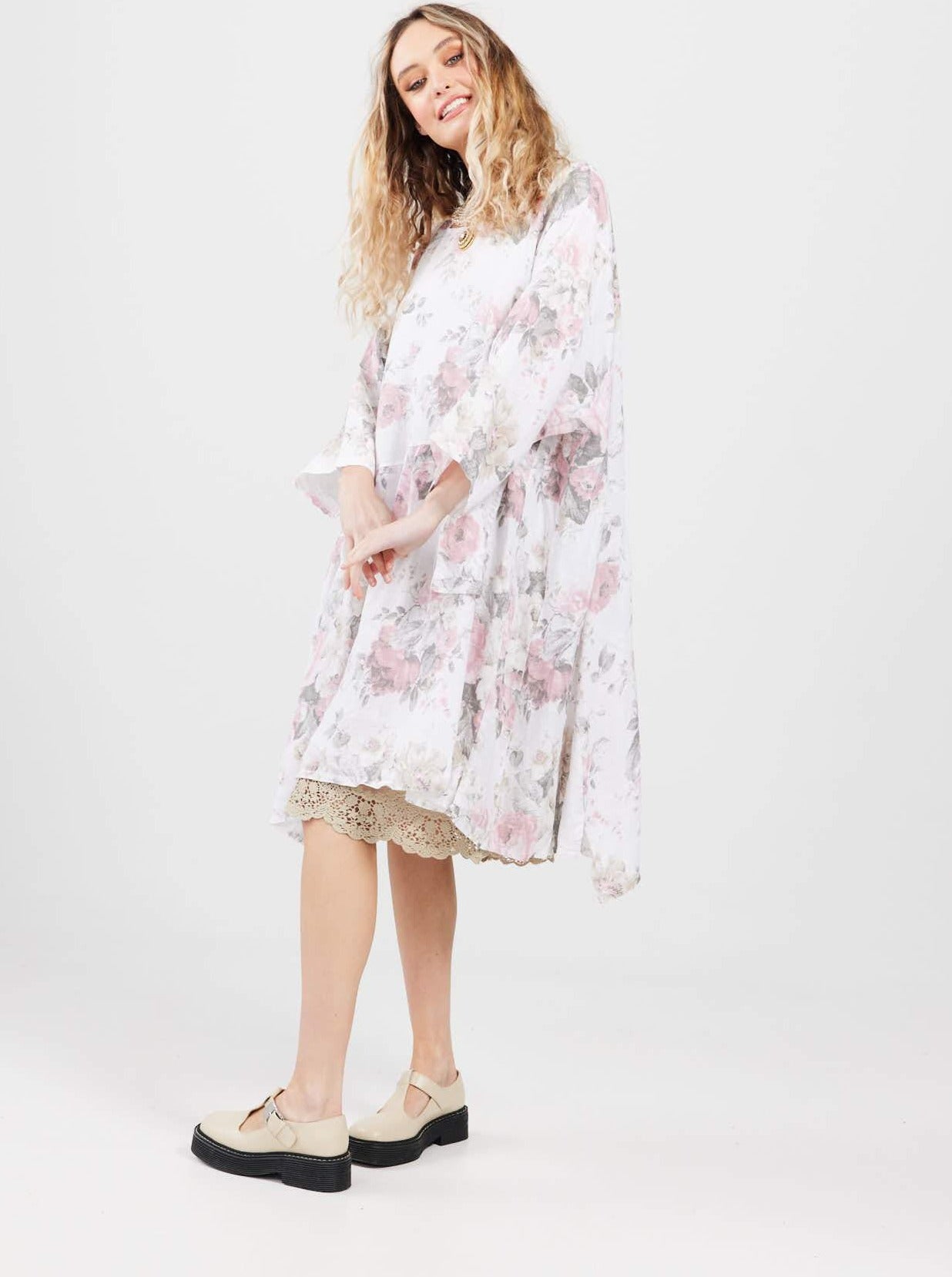 Clarissa Linen dress. Icing Sugar Pink rose