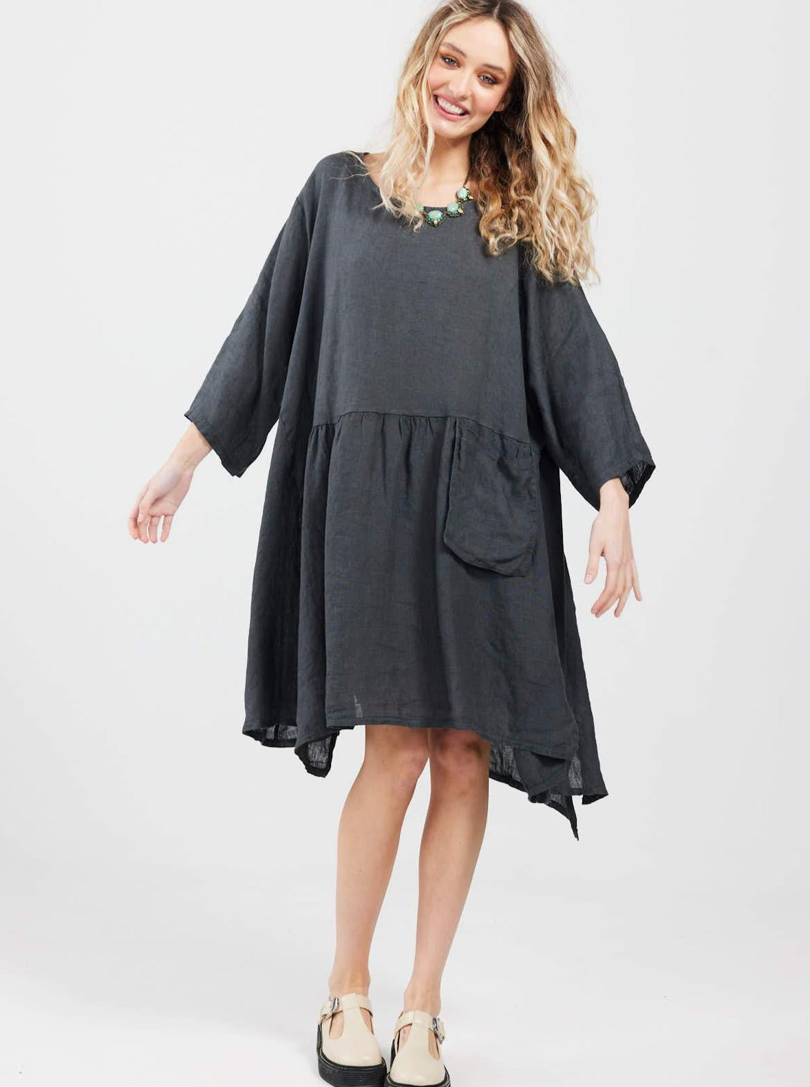 Clarissa Linen Dress. Charcoal