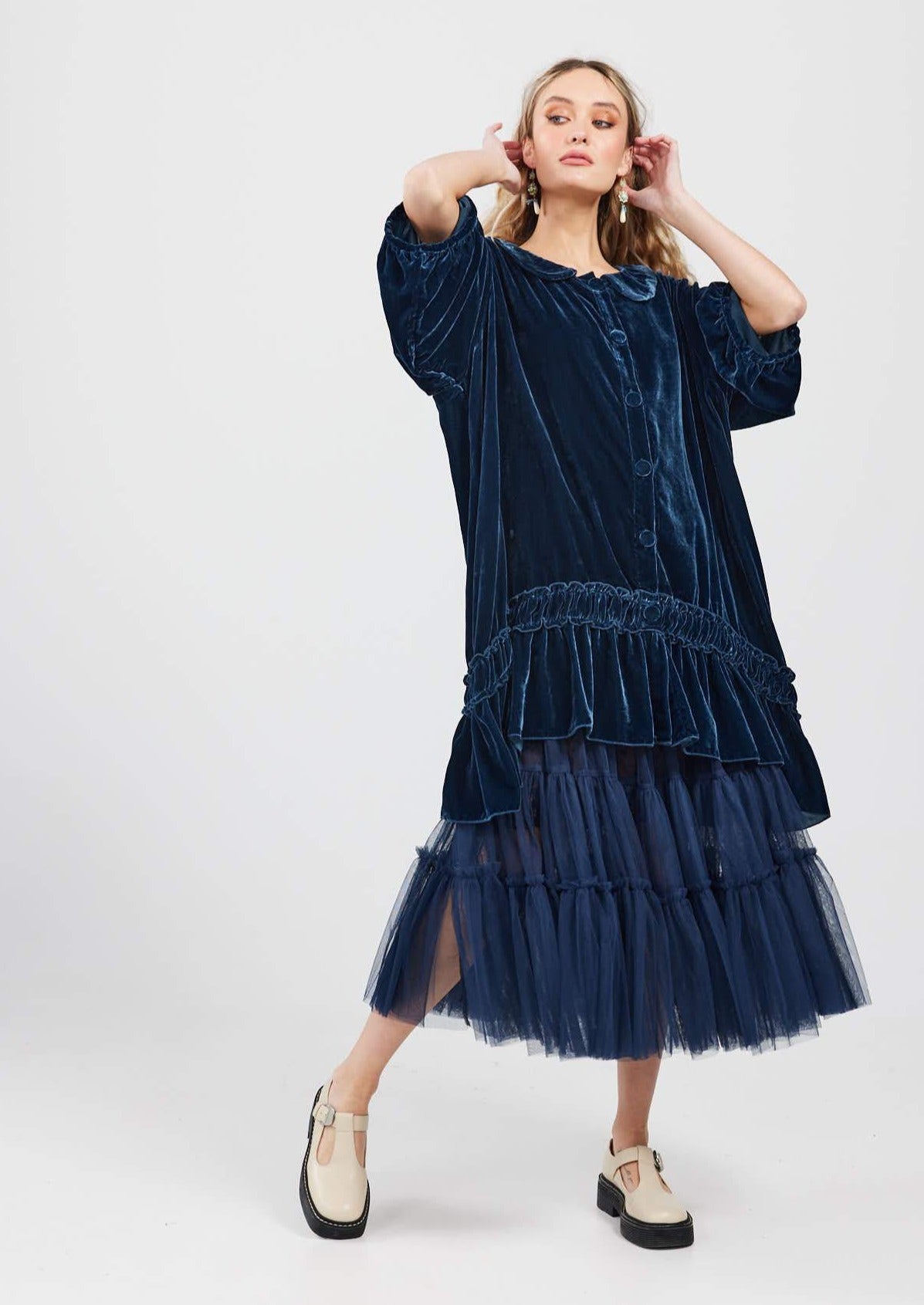 Florentine Velvet Coatdress. Midnight Blue