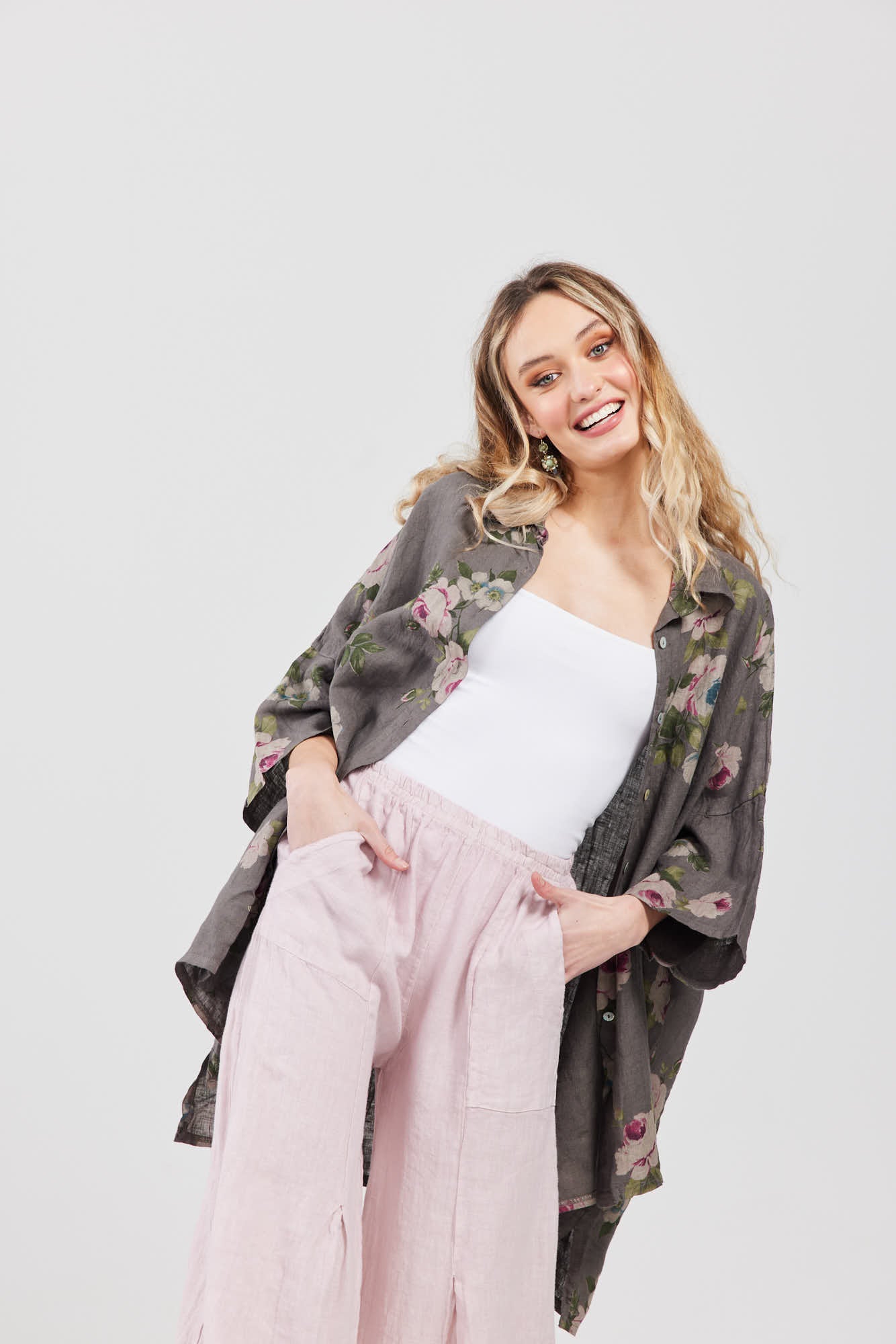 Teddie Floral linen shirt. Charcoal