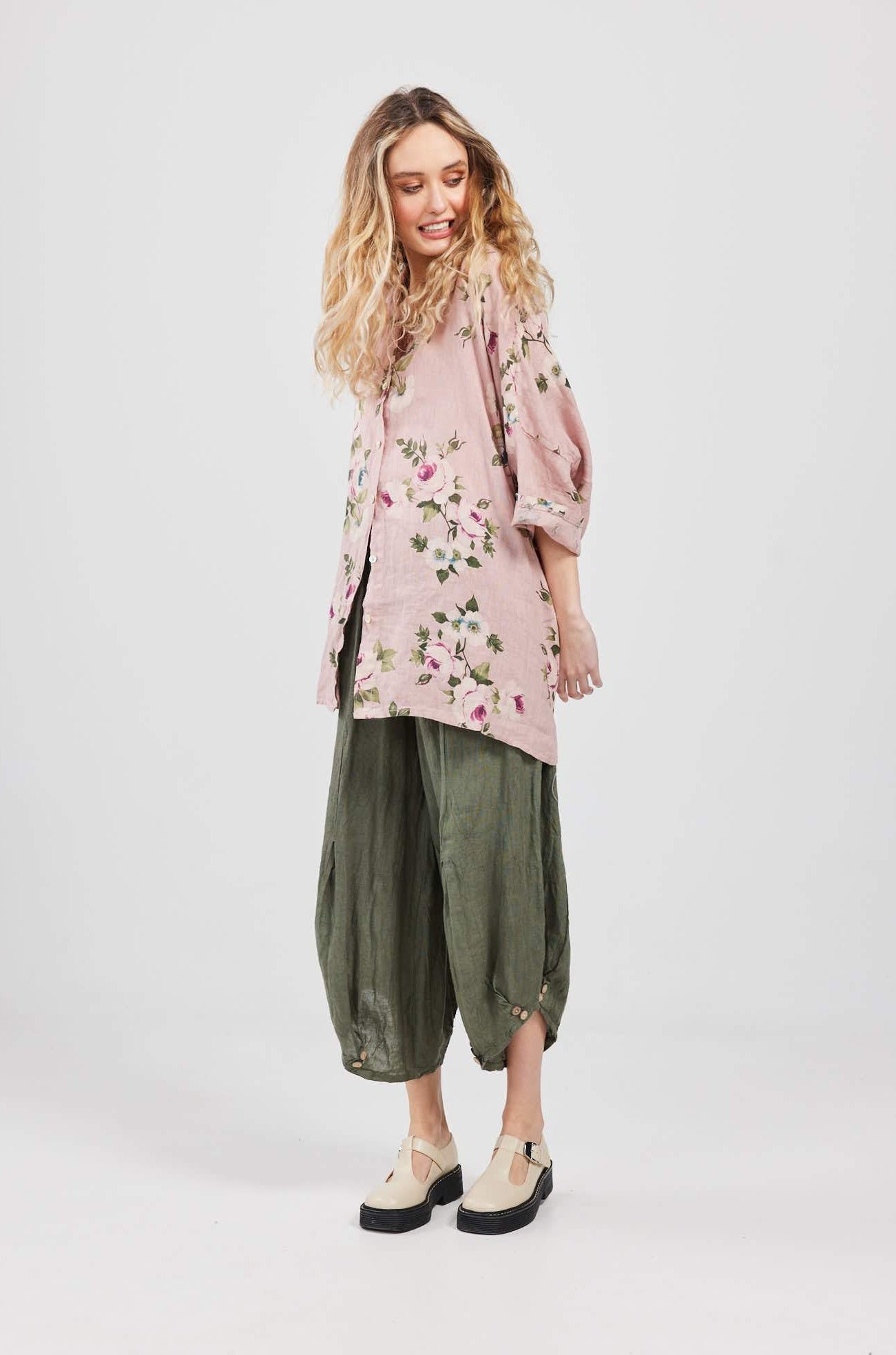 Teddie Floral linen shirt. Dusty Rose