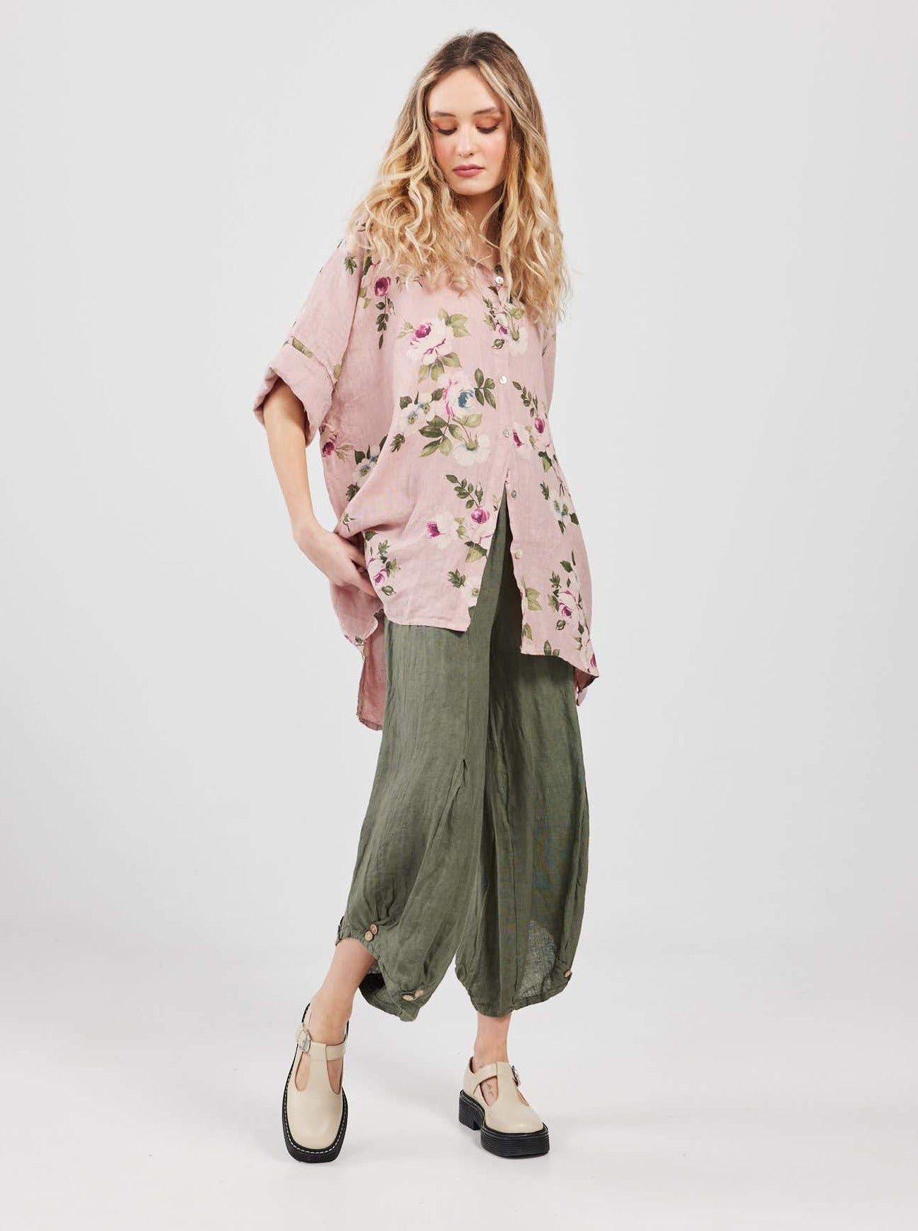 Teddie Floral linen shirt. Dusty Rose