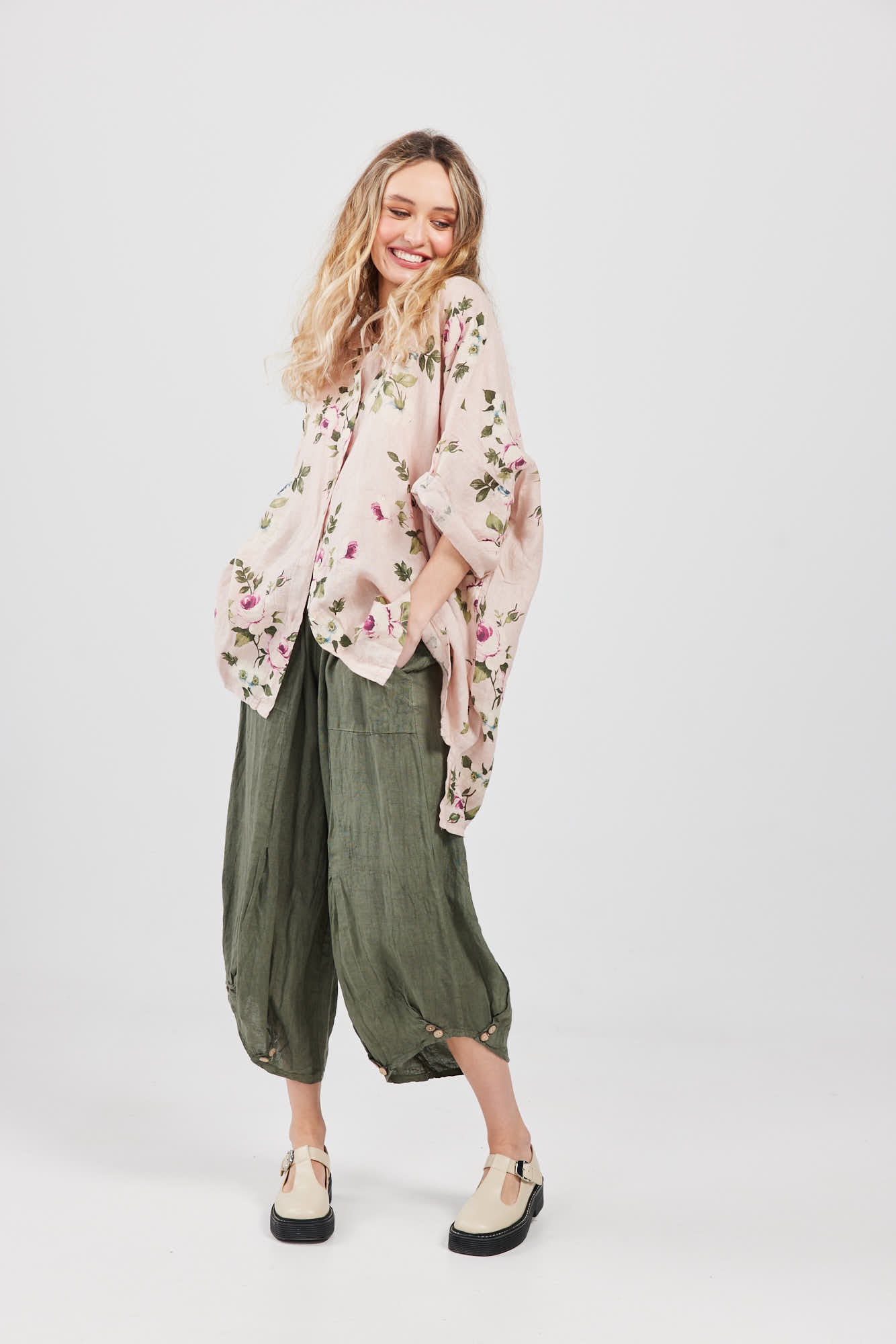 Teddie Floral linen shirt. Dusty Rose