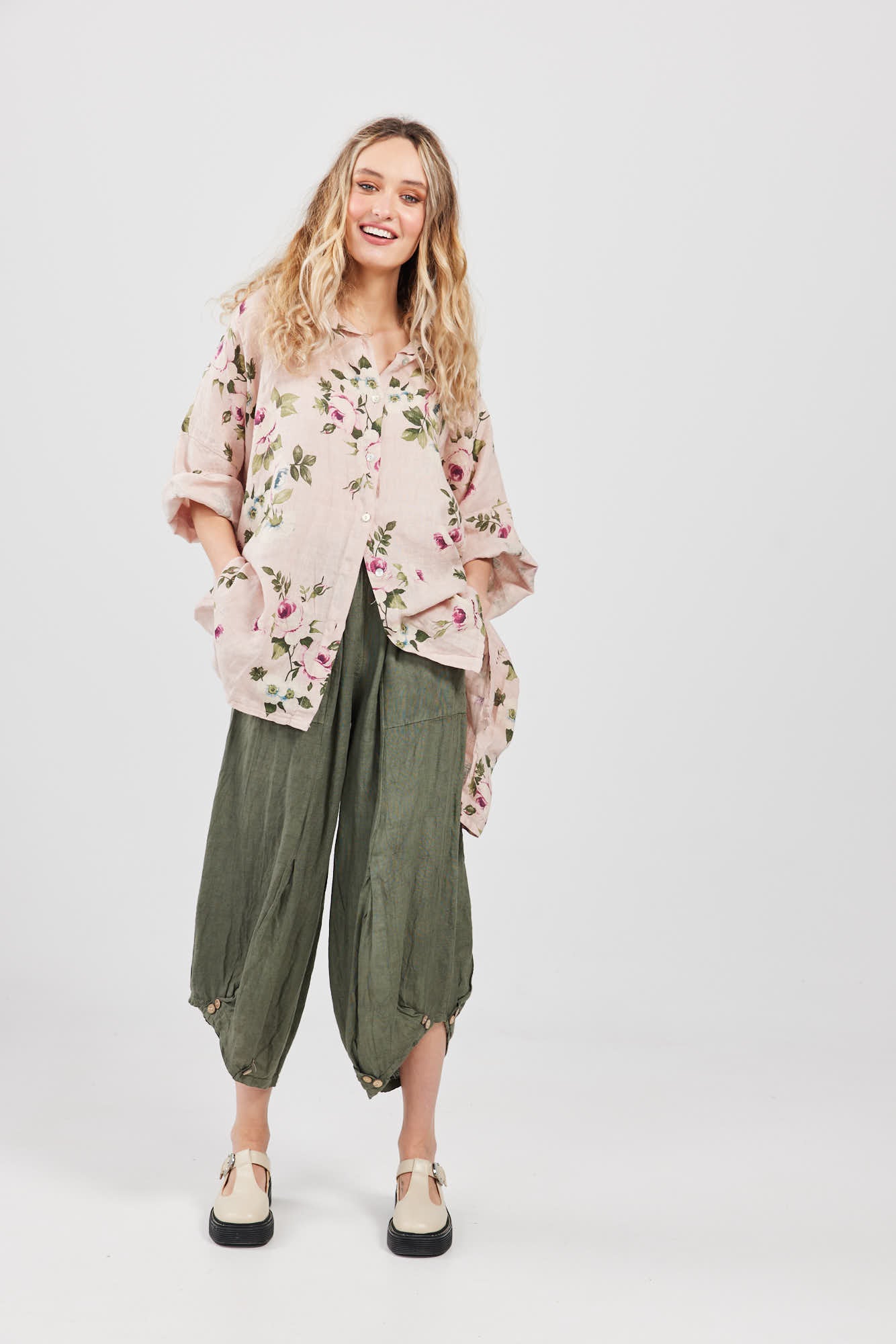 Teddie Floral linen shirt. Dusty Rose