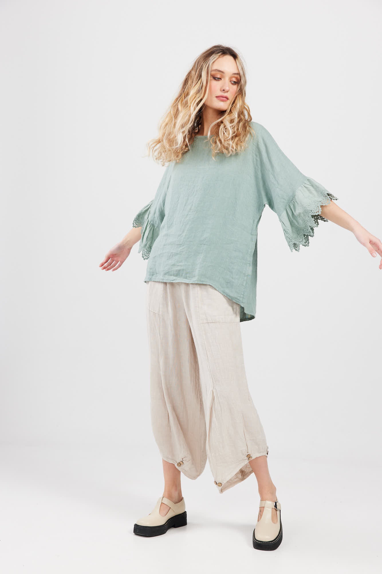 Ellie lace ruffled sleeve top. Pastel Sage green