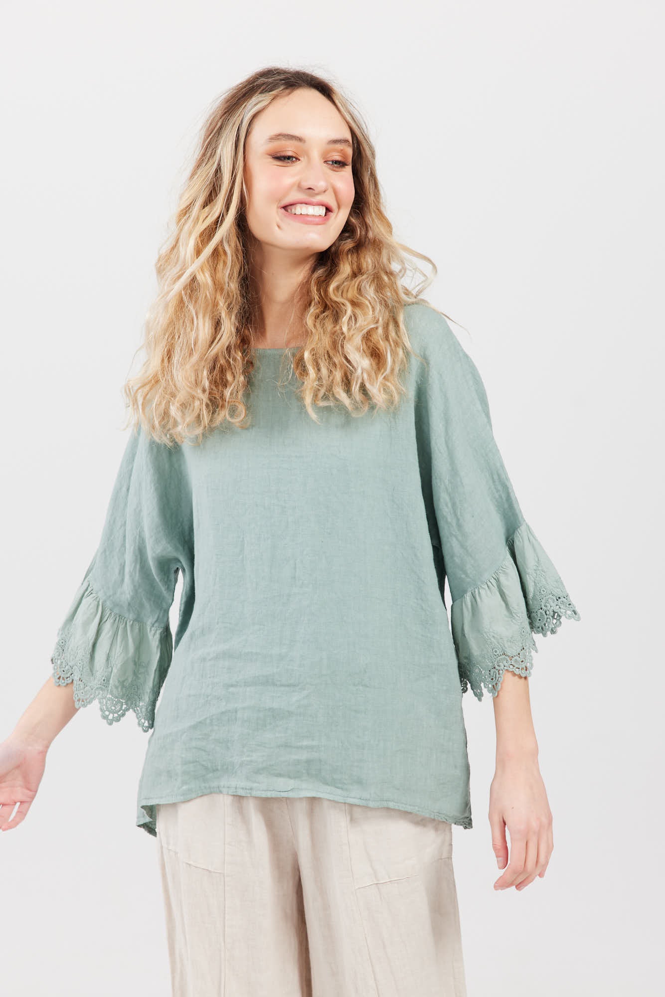 Ellie lace ruffled sleeve top. Pastel Sage green
