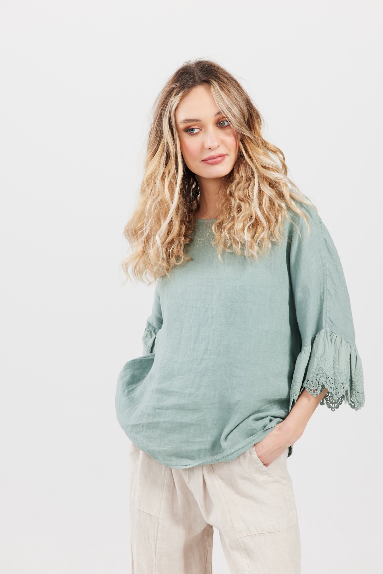 Ellie lace ruffled sleeve top. Pastel Sage green