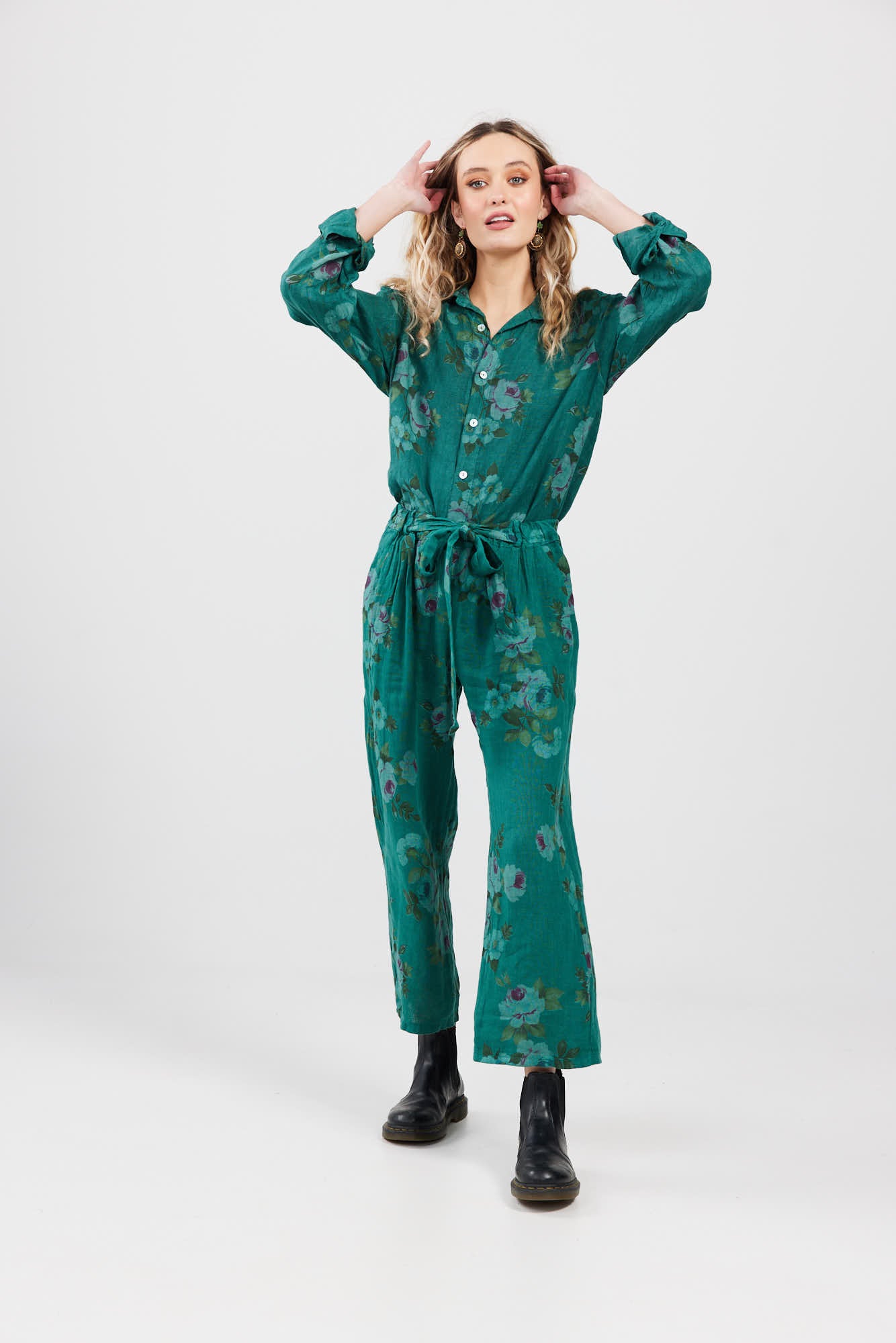 Rupert Boyfriend Floral Linen Shirt. Peacock Green.