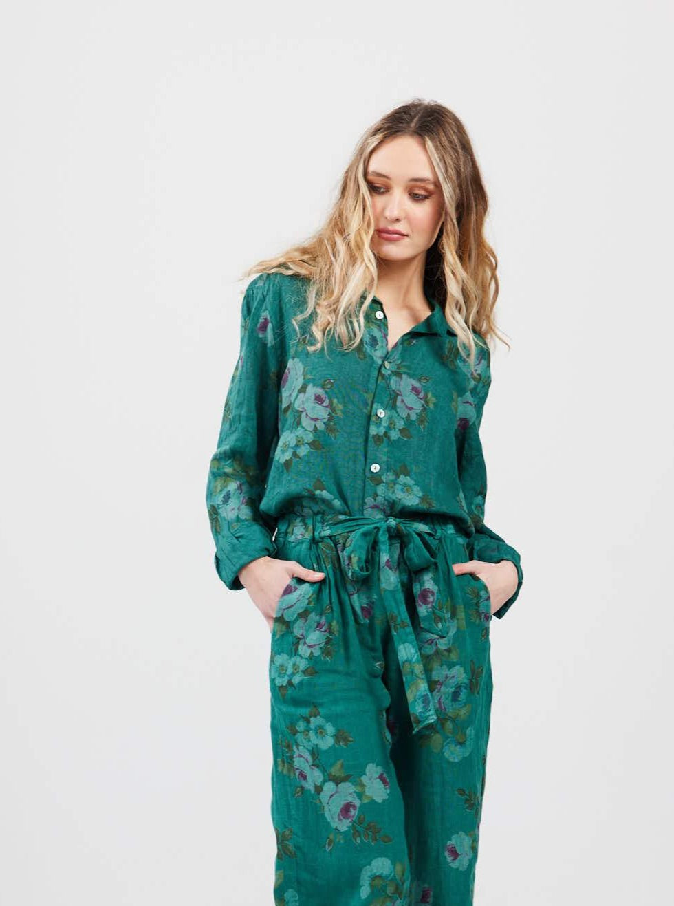 Rupert Boyfriend Floral Linen Shirt. Peacock Green.