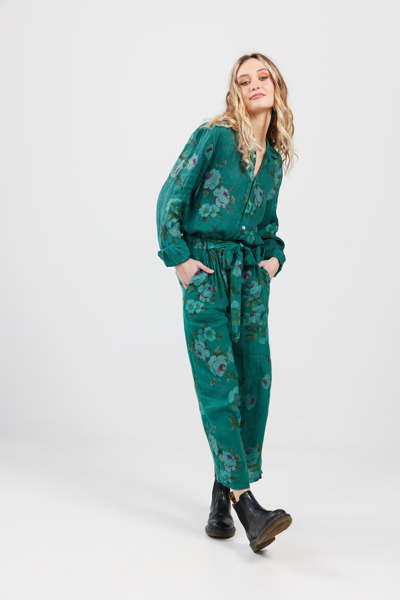 Rupert Boyfriend Floral Linen Shirt. Peacock Green.
