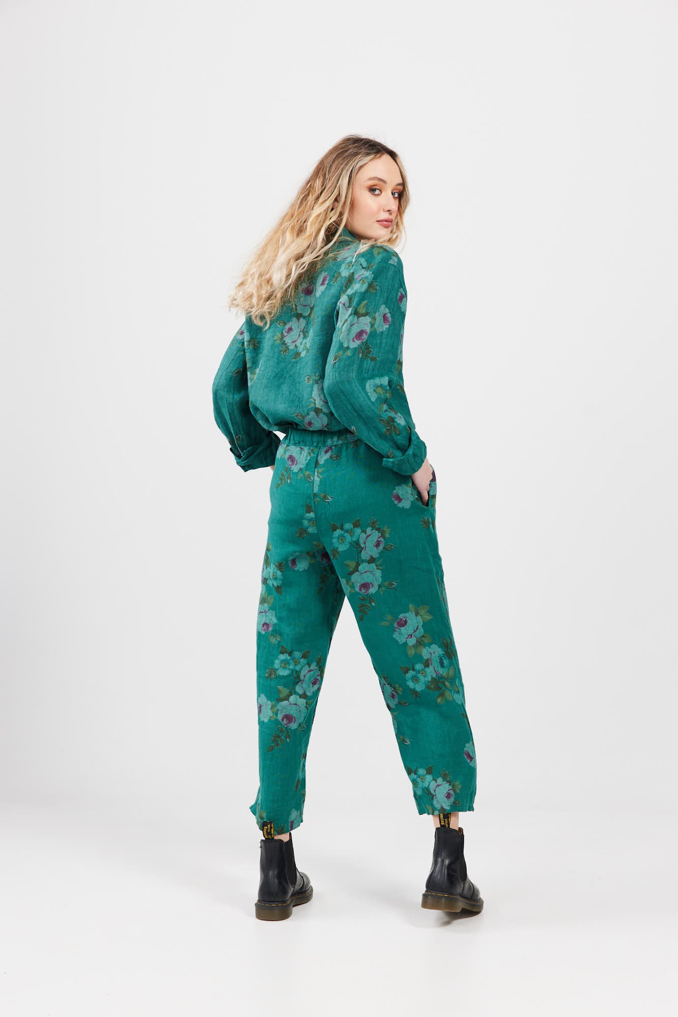 Rupert Boyfriend Floral Linen Shirt. Peacock Green.