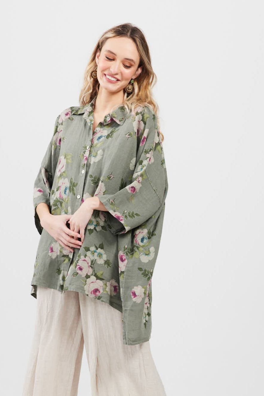 Teddie Floral linen shirt. Khaki