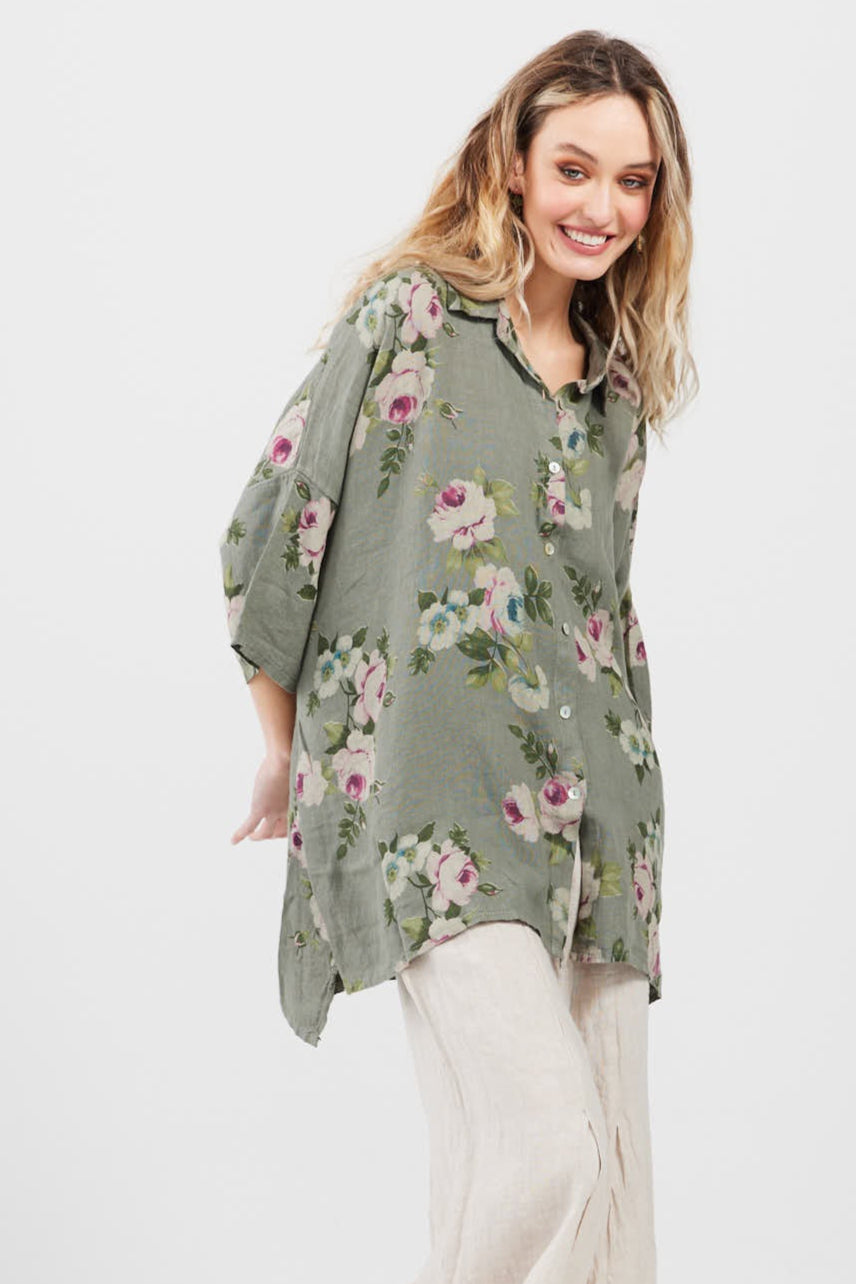 Teddie Floral linen shirt. Khaki