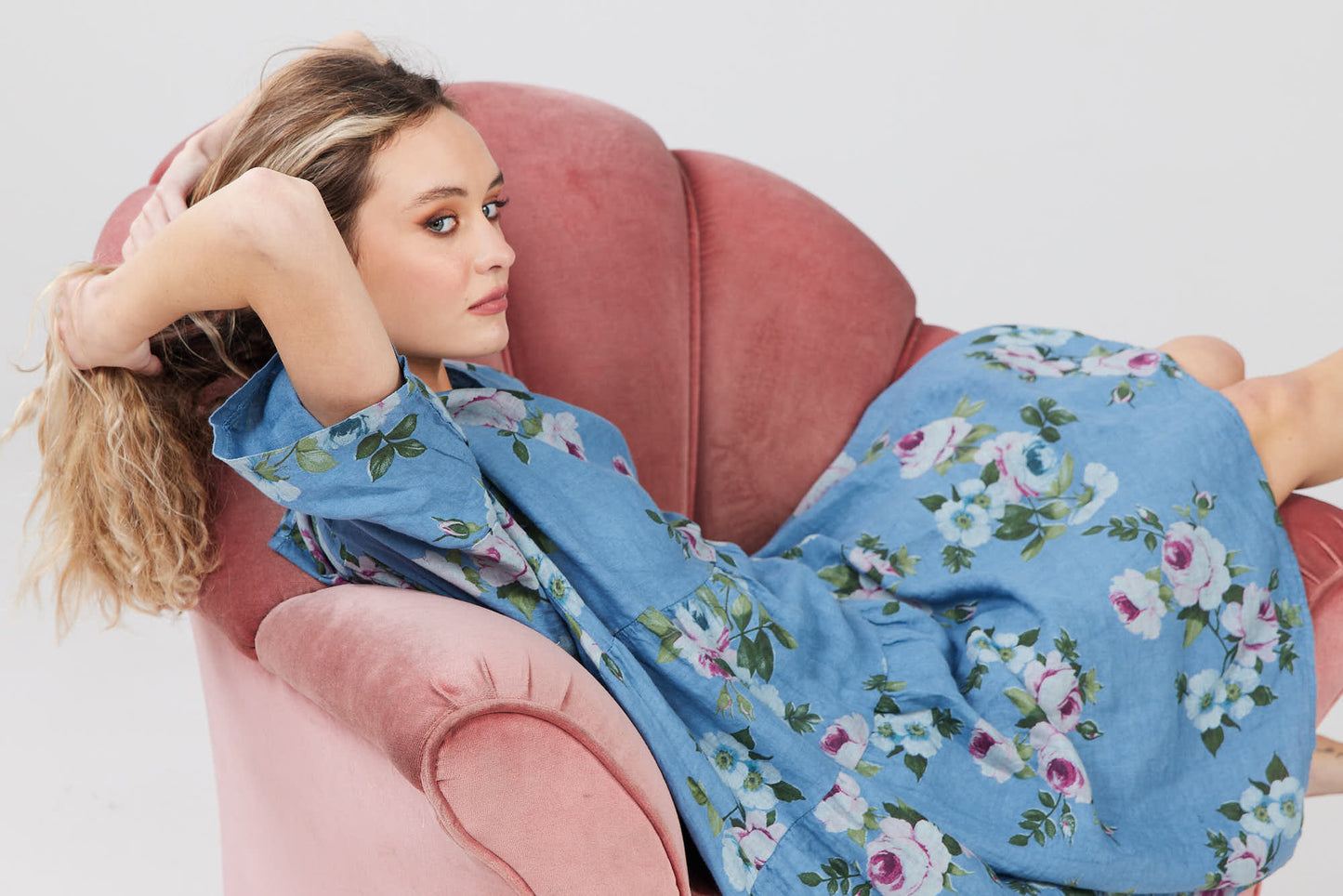 Stella Linen Floral Dress . Denim Blue