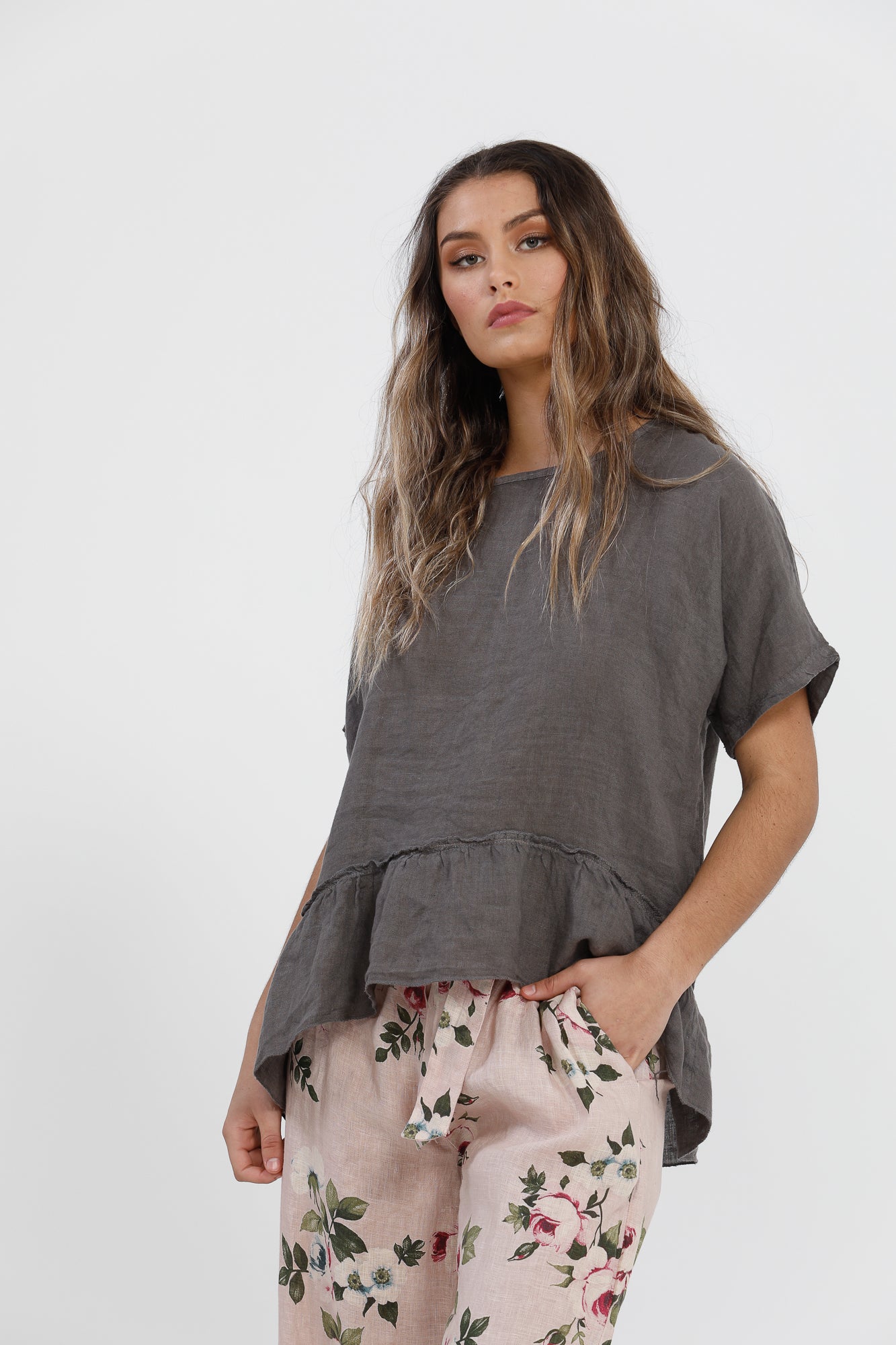 Priscilla Linen top. Charcoal