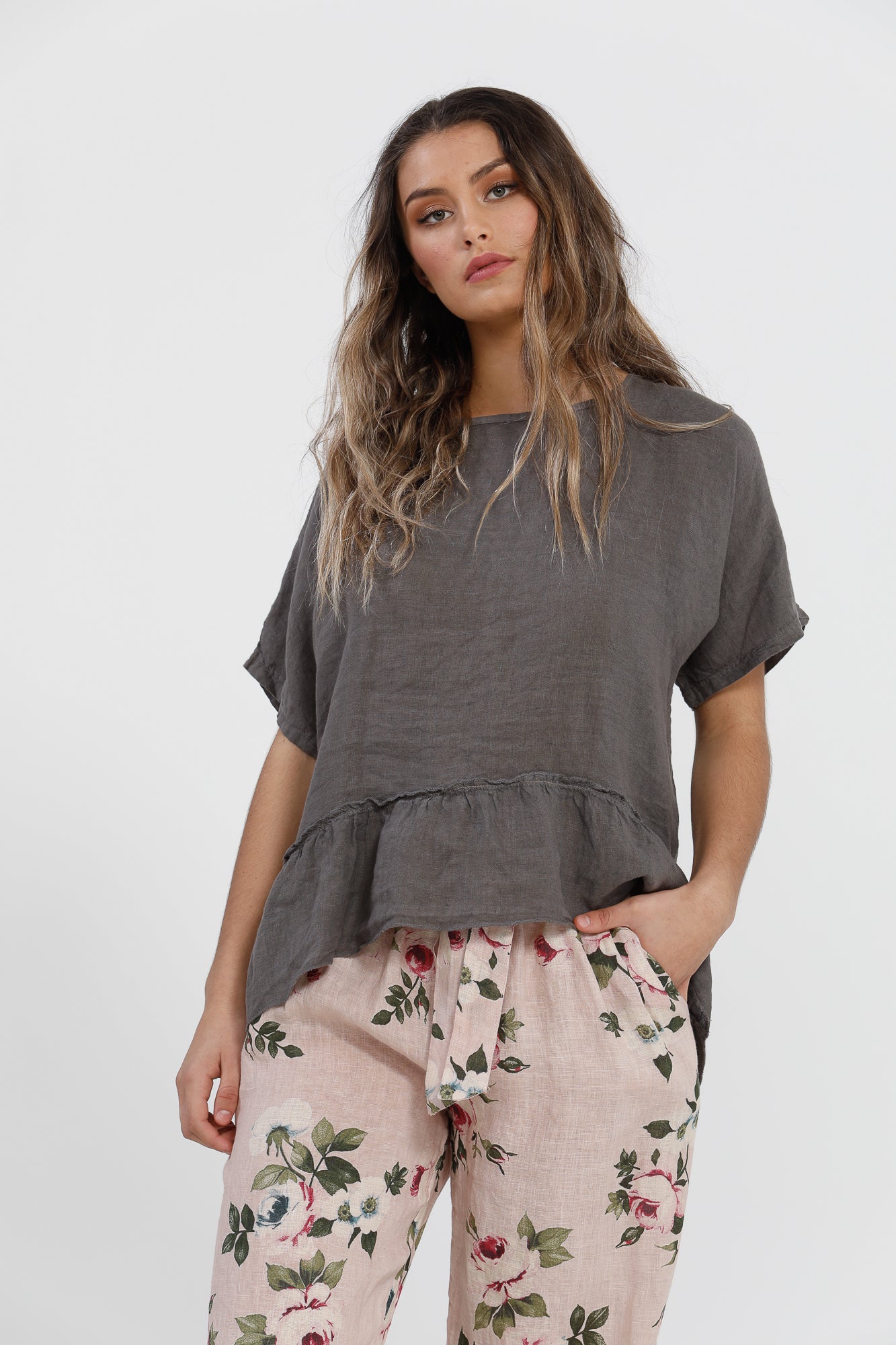 Priscilla Linen top. Charcoal