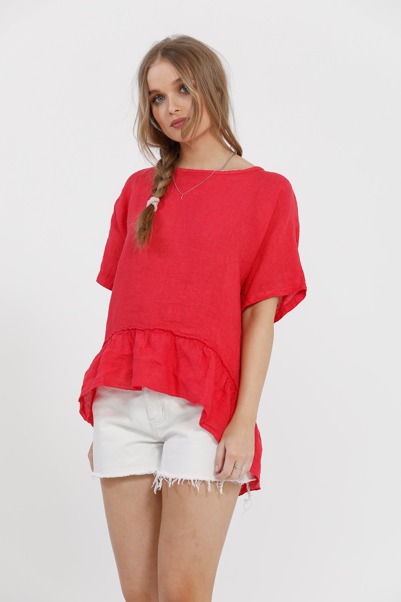 Priscilla linen top. Christmas red