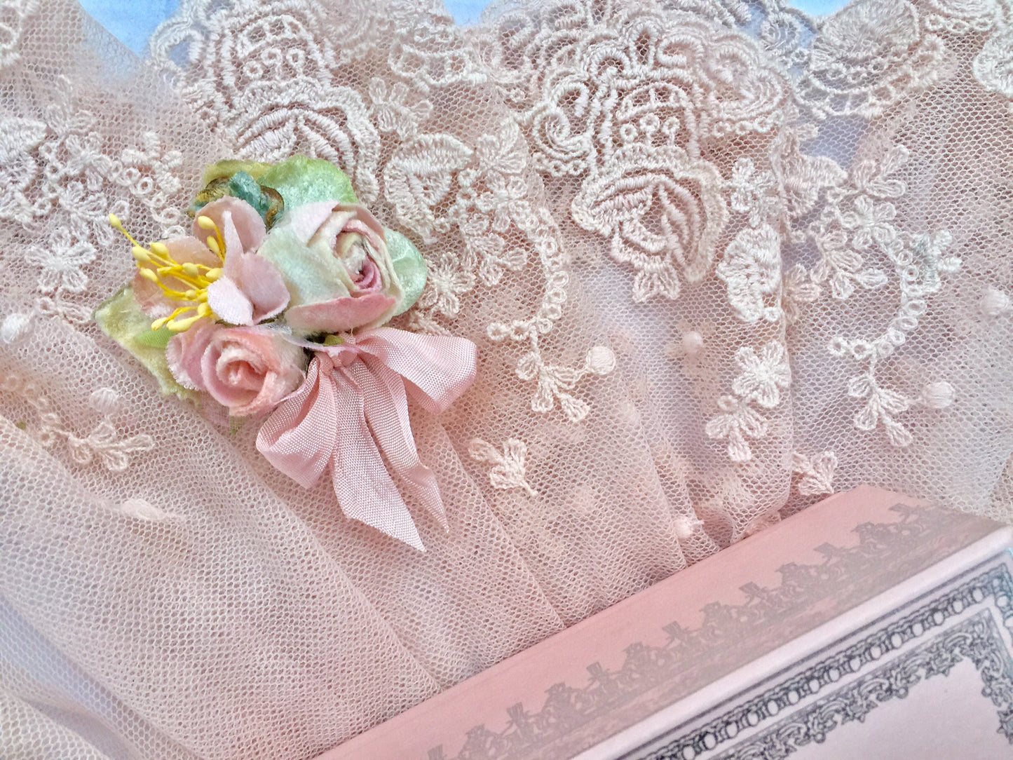 Wide Vintage cotton embroidered lace in Marie Antoinette Pink