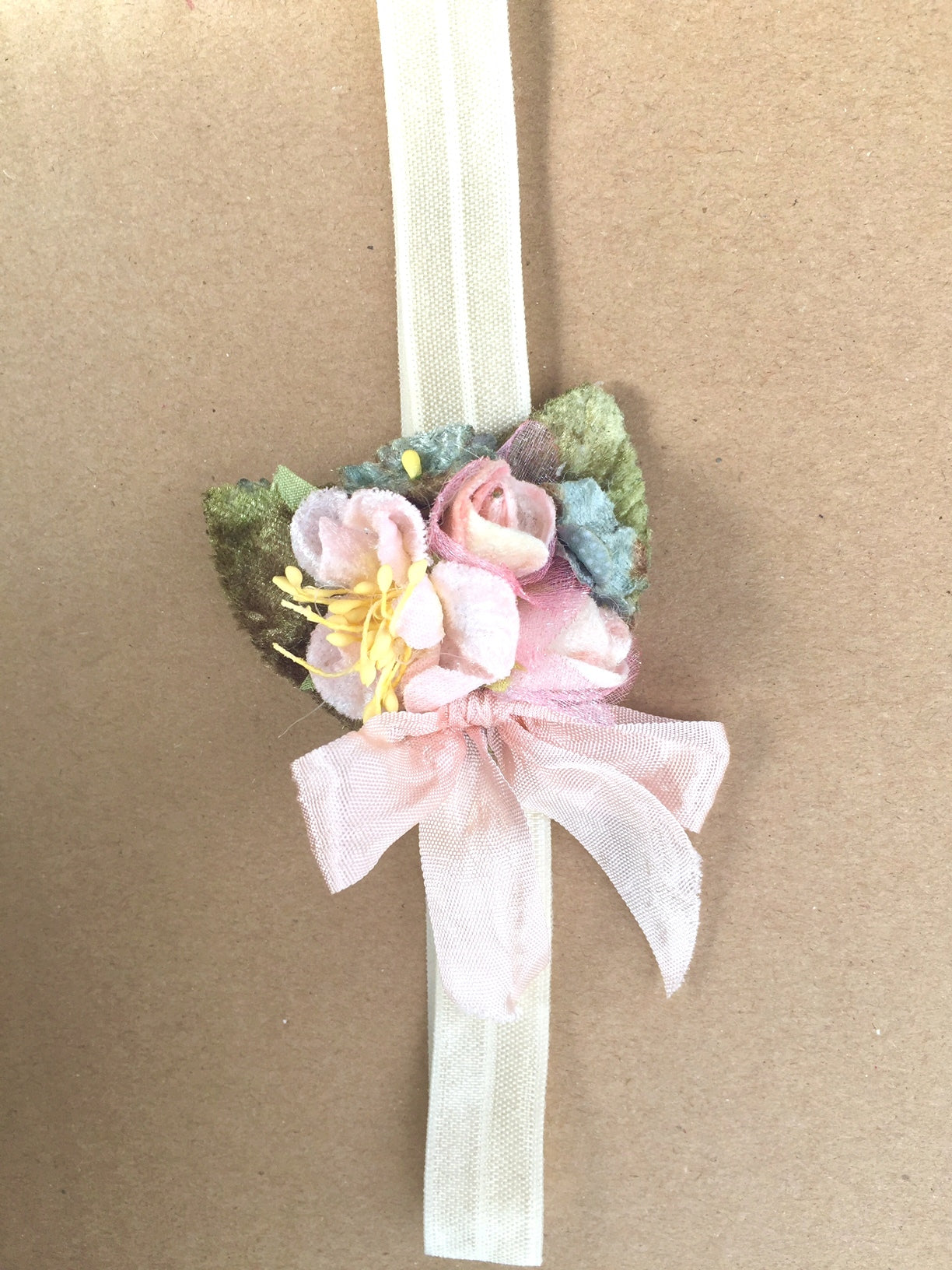 vintage rose posy baby band in cream & pink.