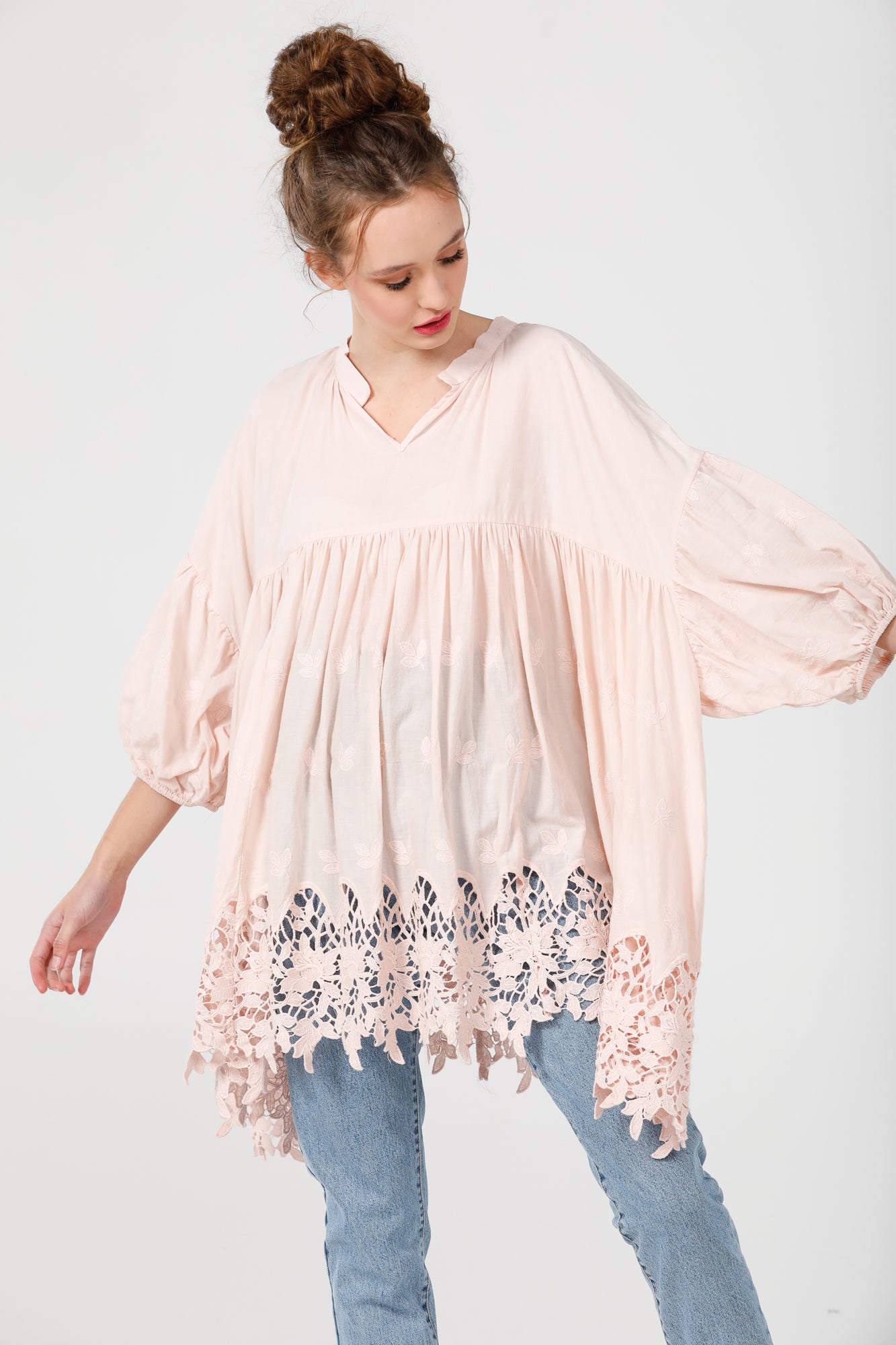French cotton smock. pink scalloped lace.