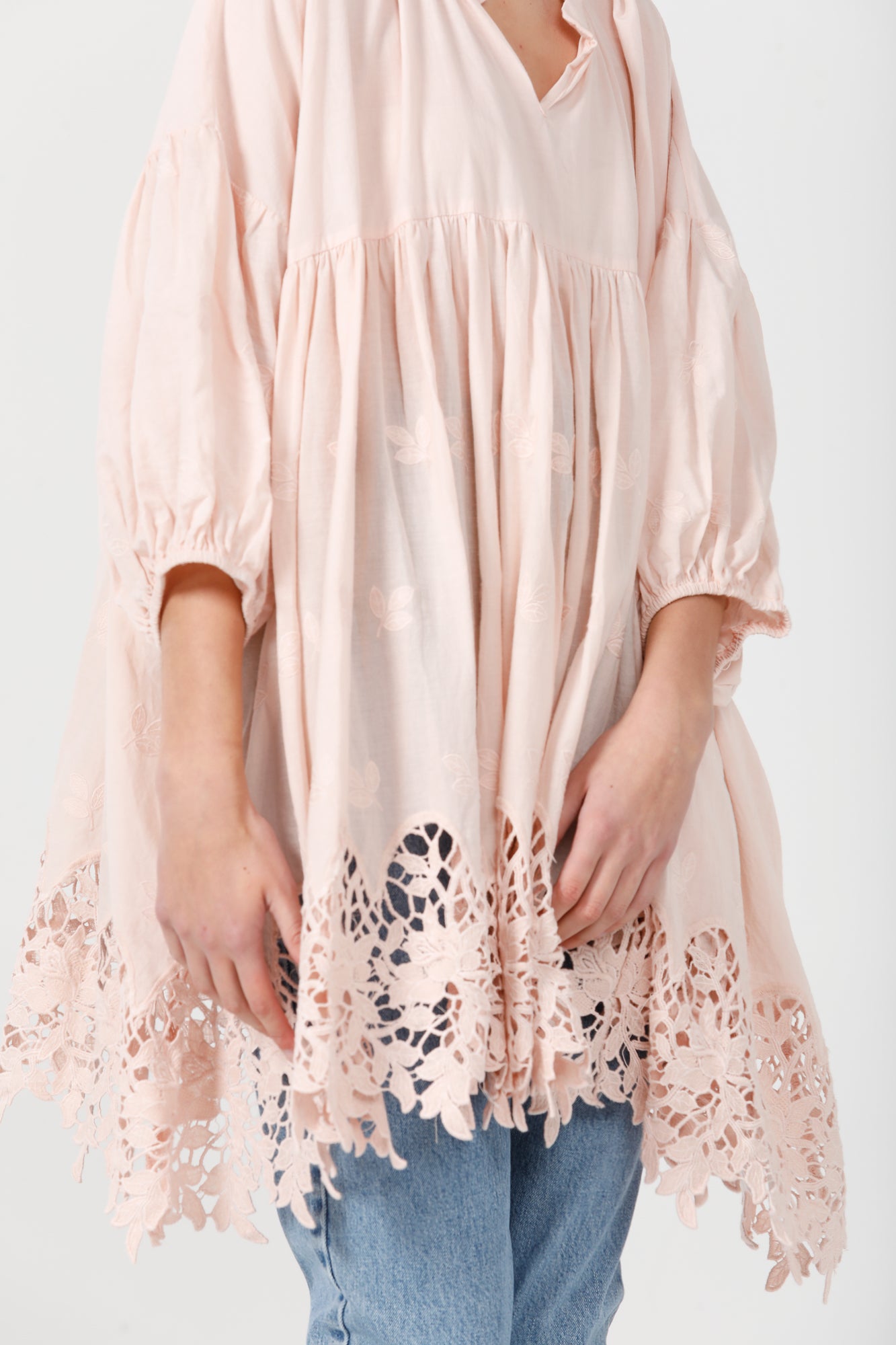French cotton smock. pink scalloped lace.